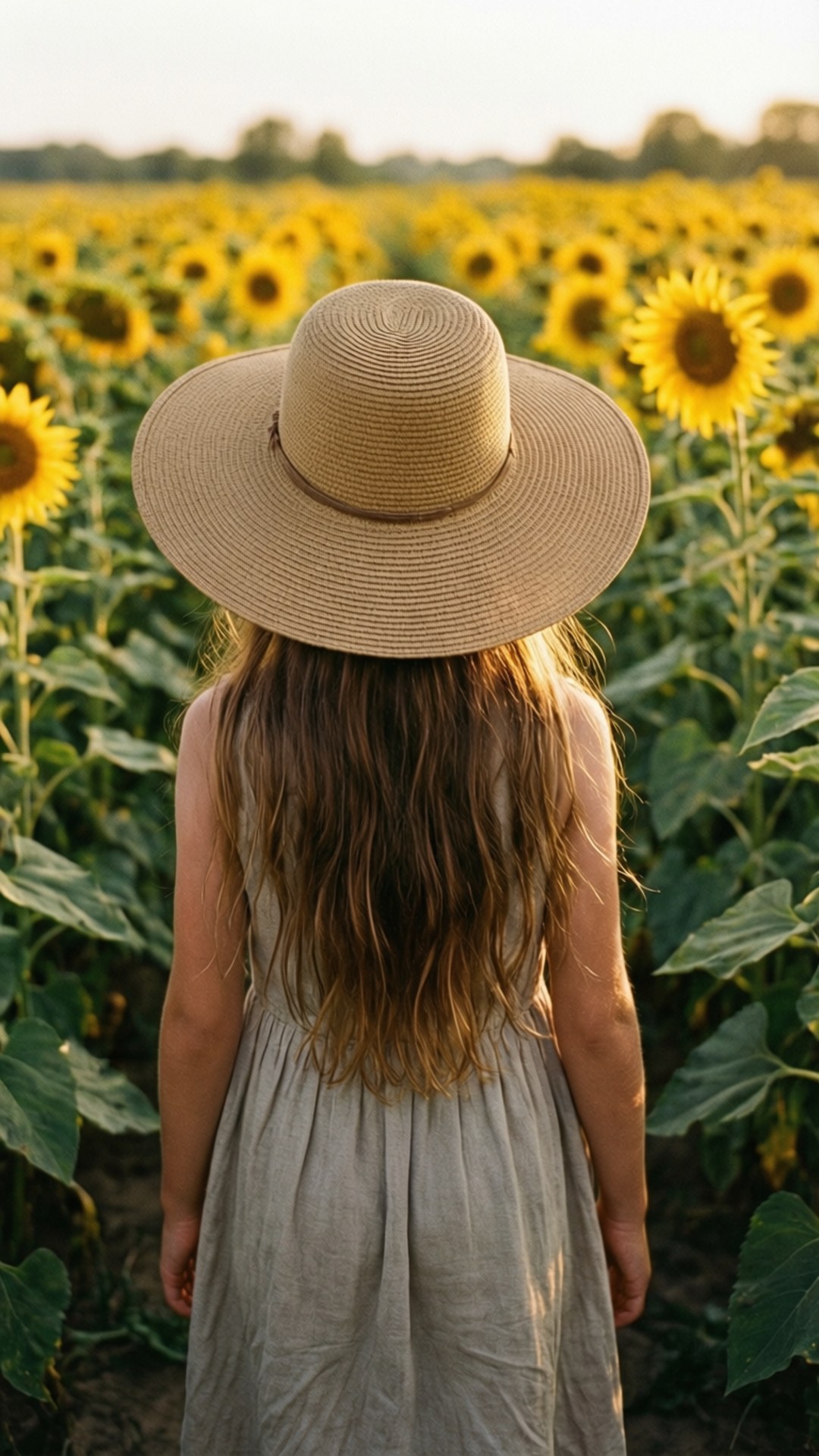 girl, sunflower field, wide-brimmed straw hat, Full HD Phone Wallpaper