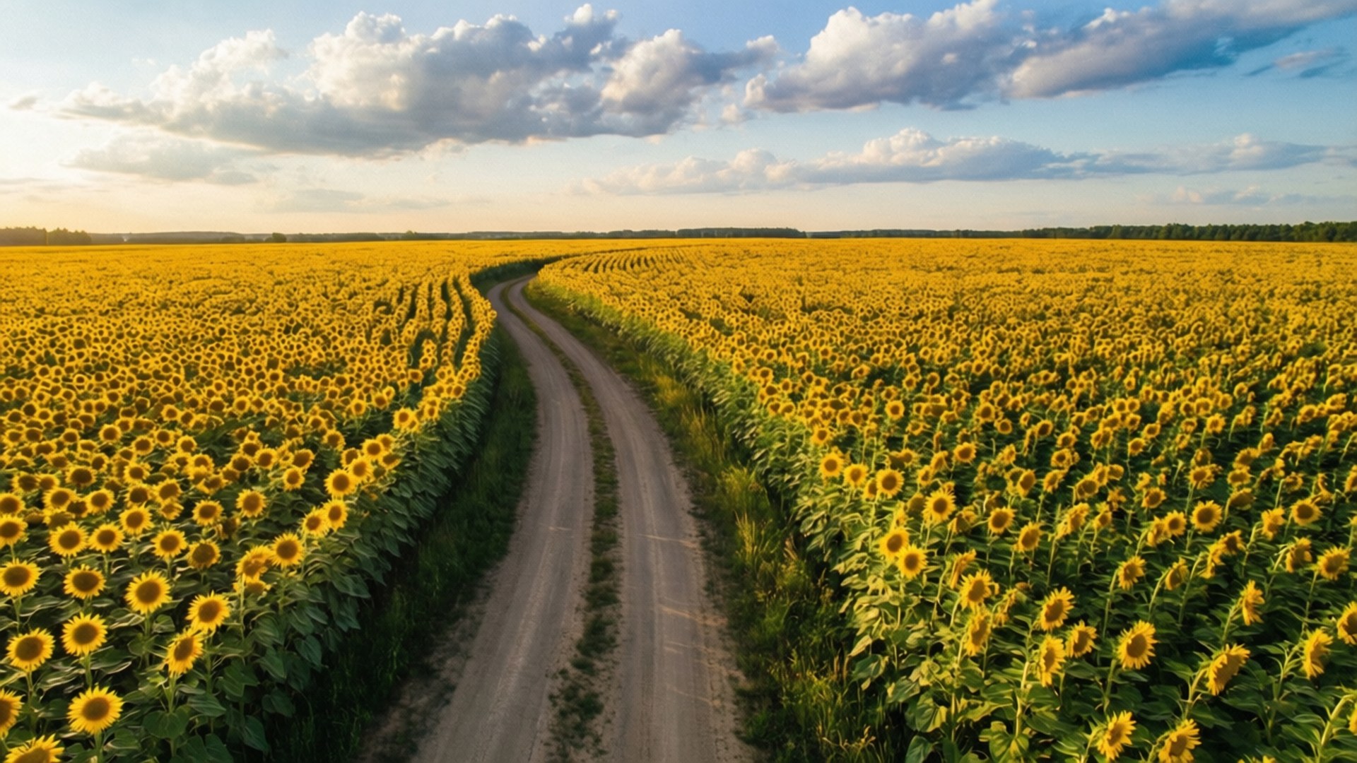 Aerial Sunflower Road, dirt road, vast field of bright yellow sunflowers, Full HD Desktop Wallpaper