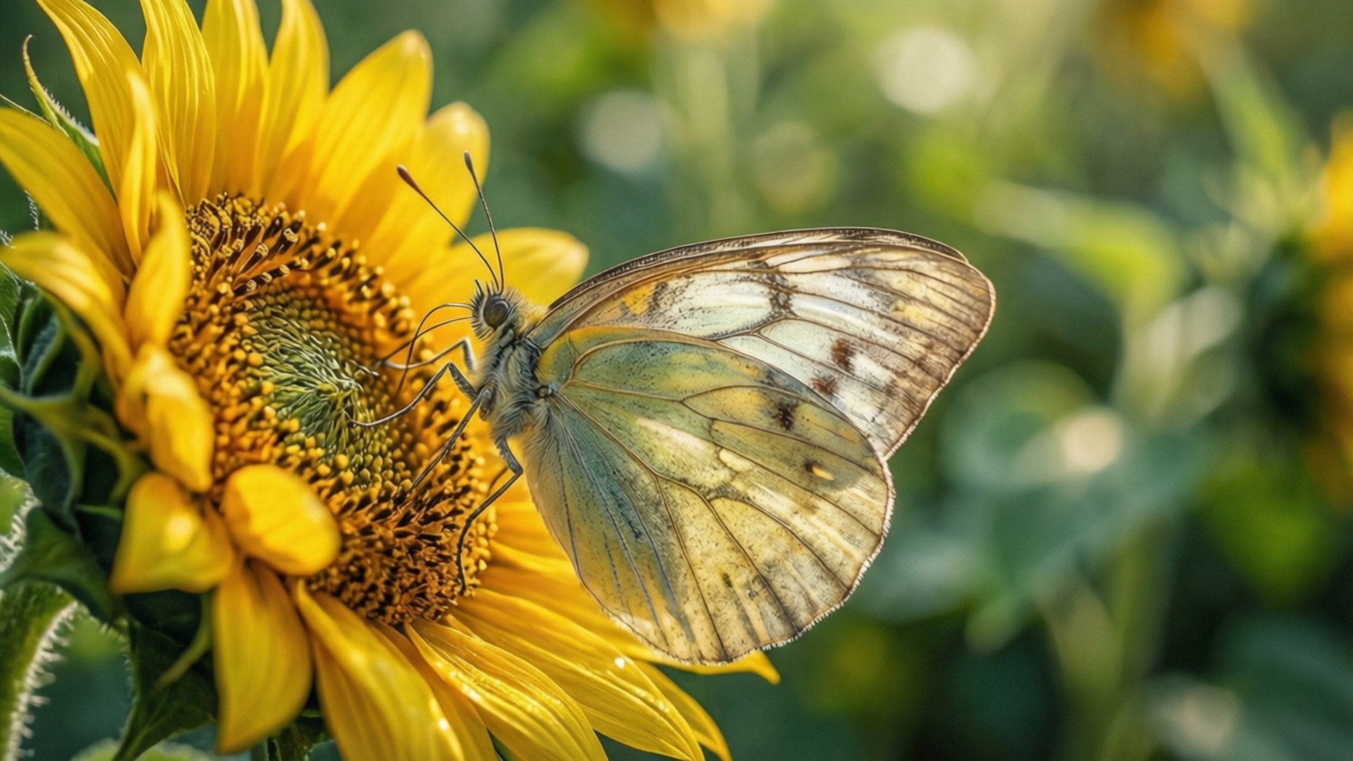 butterfly, sunflower, white butterfly, Full HD Desktop Wallpaper
