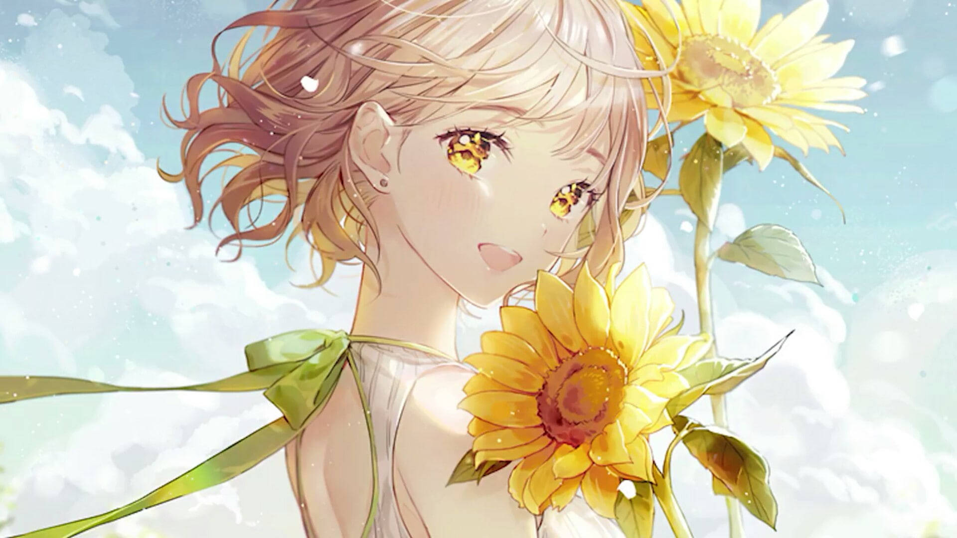 sunflower laptop, anime girl, golden eyes, Full HD Desktop Wallpaper
