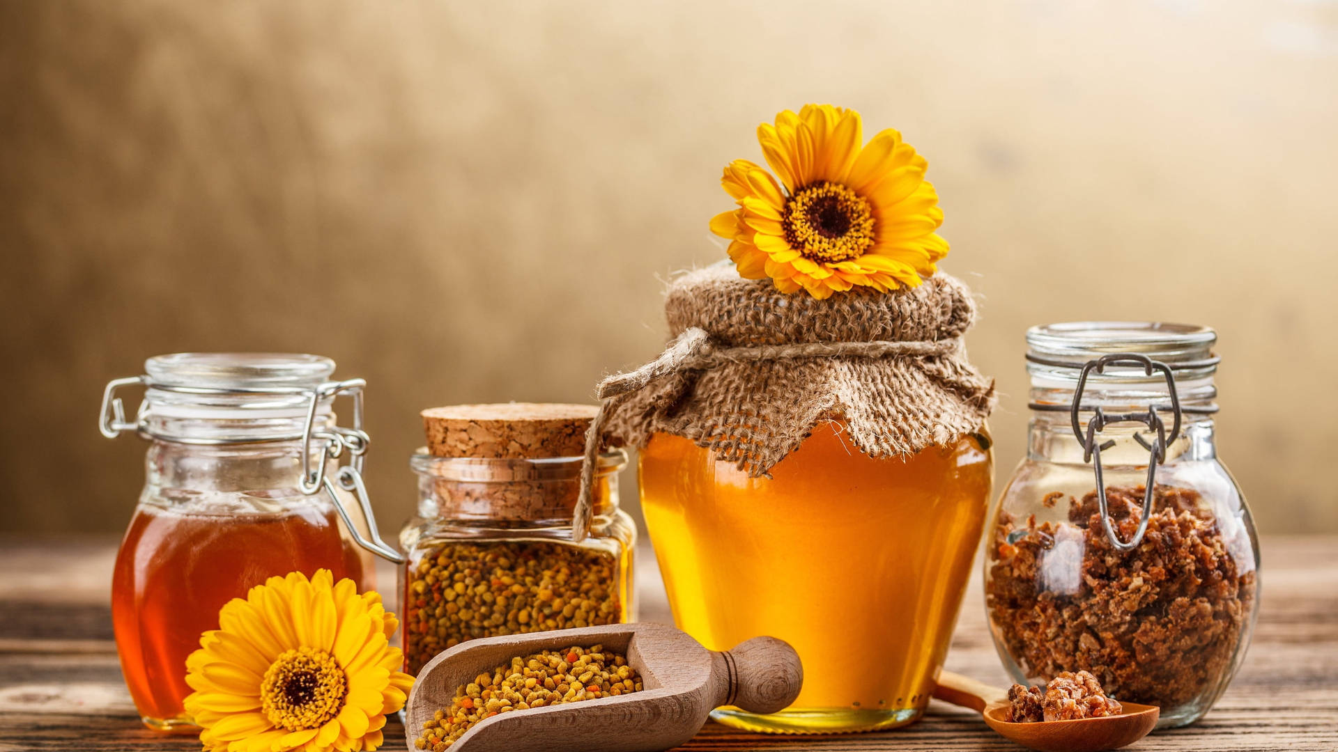 Sunflower Kitchen Laptop, golden honey jars, sunflowers, Full HD Desktop Wallpaper