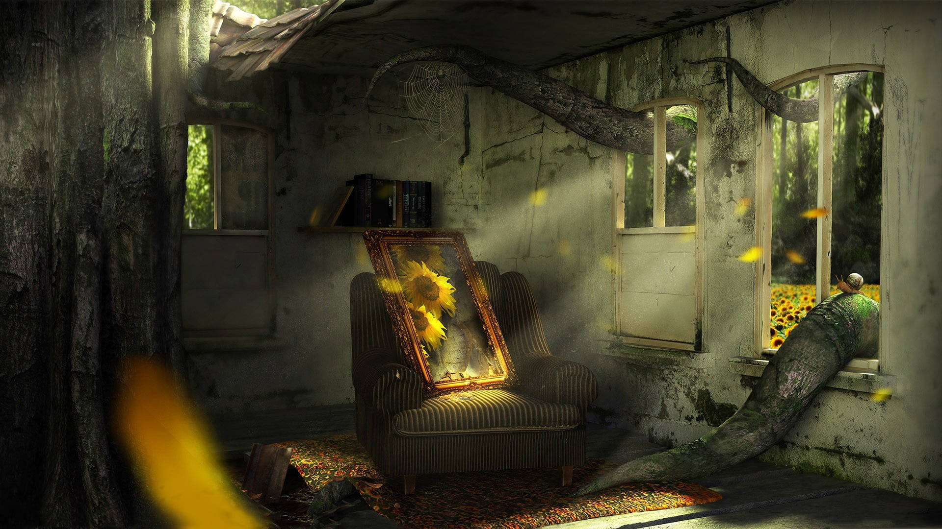 sunflower painting, striped armchair, sunlight, Full HD Desktop Wallpaper