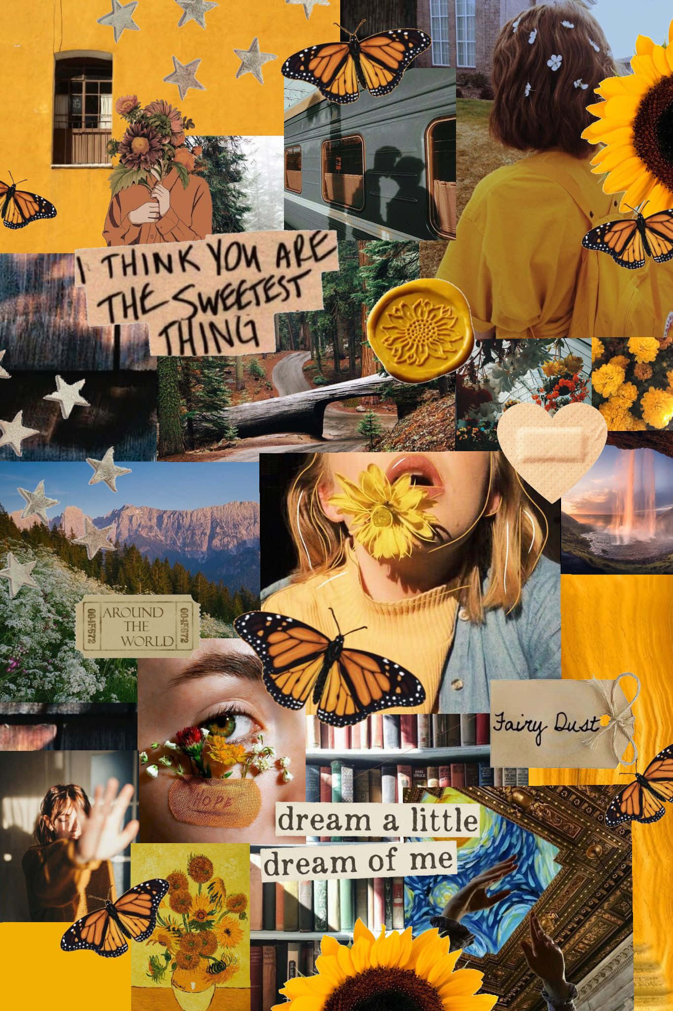 sunflower yellow tumblr aesthetic, sunflowers, butterflies, Full HD Phone Wallpaper