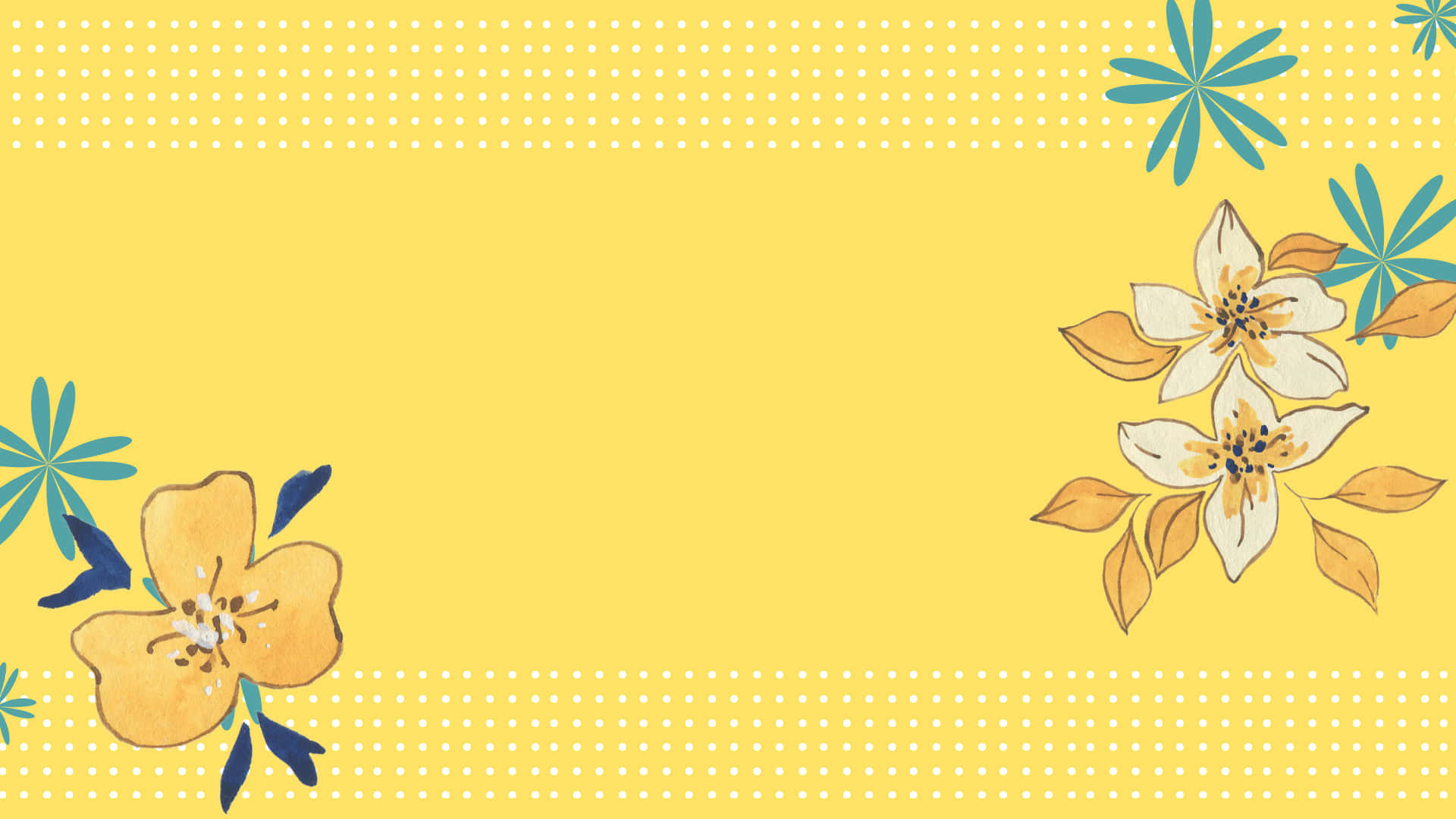 yellow aesthetic, teal leaves, hand-drawn flowers, Full HD Desktop Wallpaper