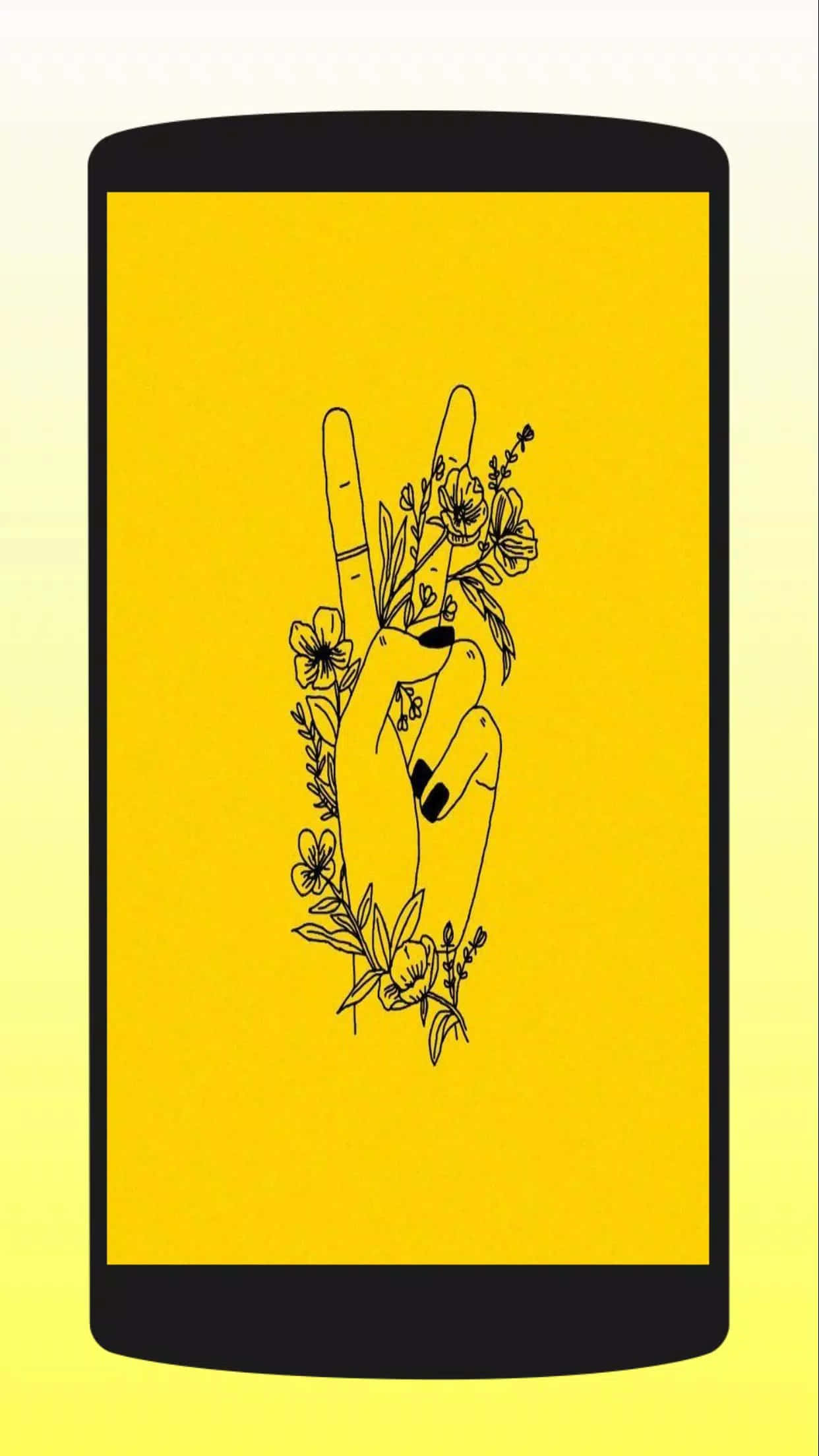 yellow aesthetic tumblr, black line-art hand, peace sign, Full HD Phone Wallpaper