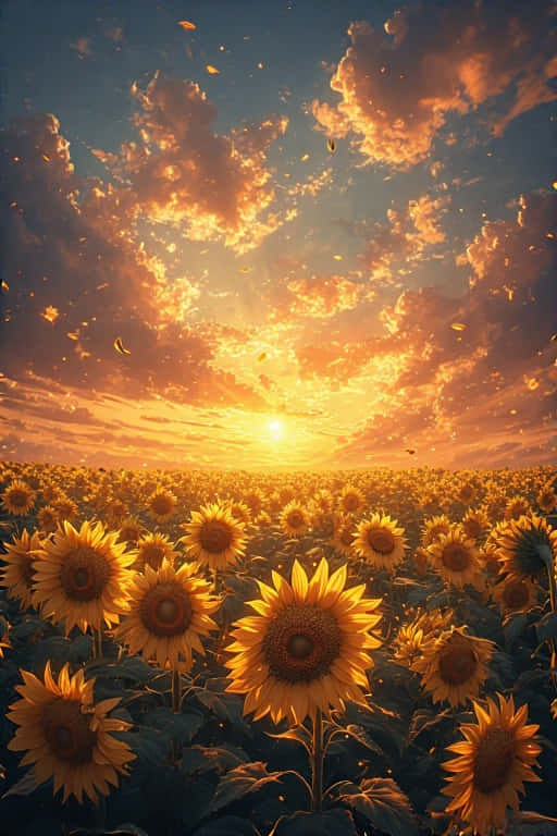 sunflower field, sunset sky, glowing clouds, SD Phone Wallpaper
