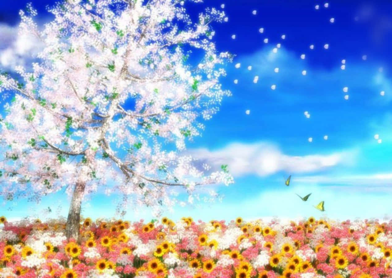 cherry blossom tree, sunflowers, bright blue sky, SD Desktop Wallpaper