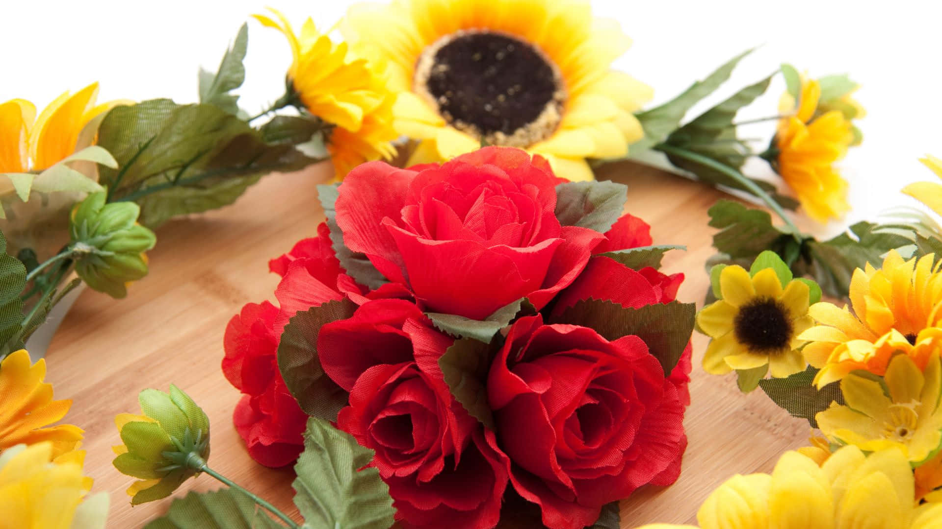 sunflowers, roses, flower crown, Full HD Desktop Wallpaper