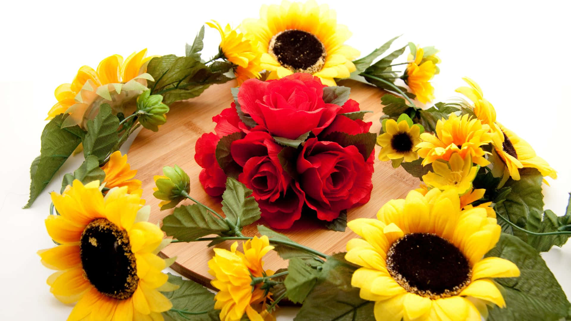 sunflowers, roses, circular wreath, Full HD Desktop Wallpaper