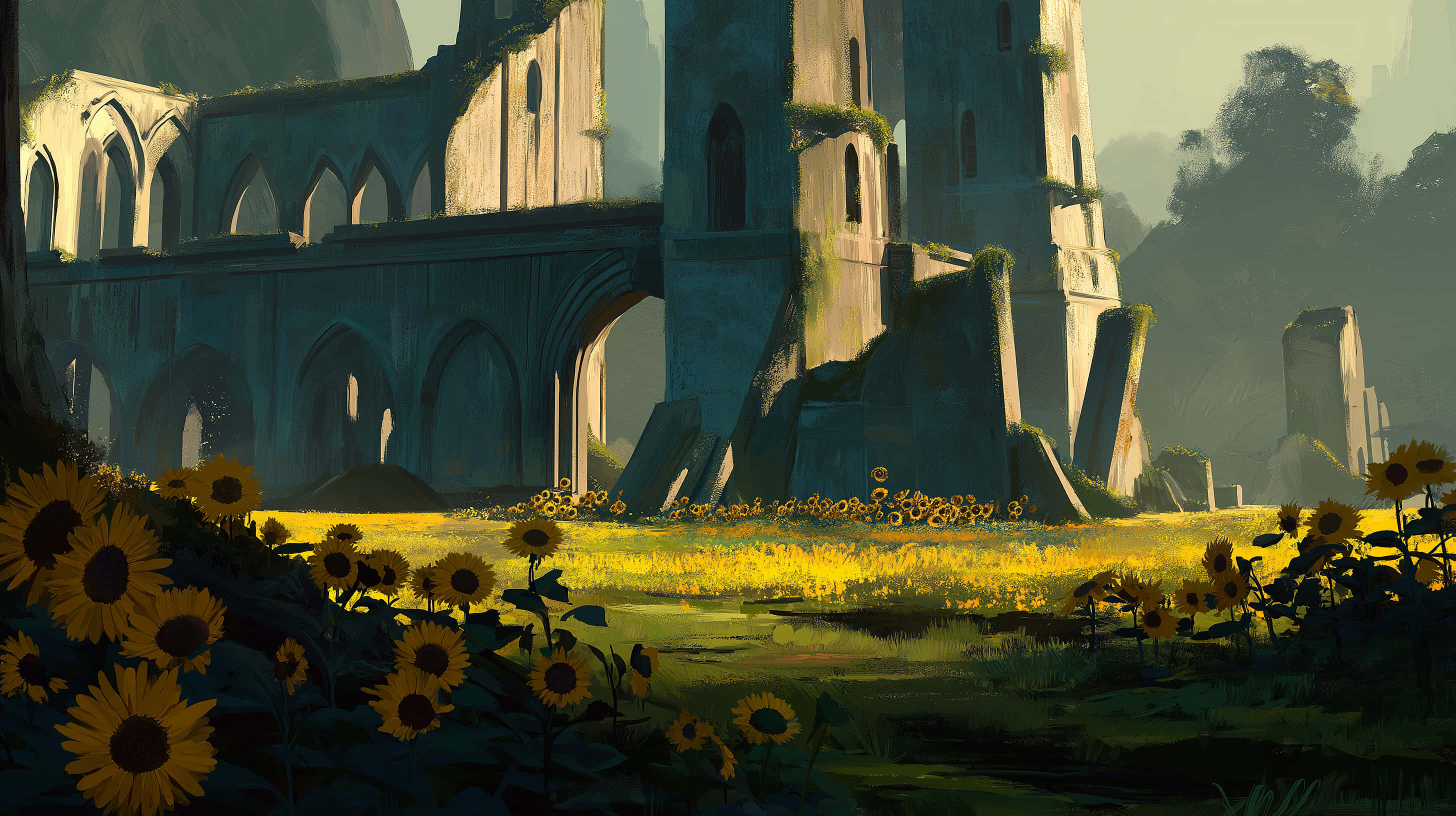 sunflowers, ancient castle ruins, mossy ruins, 2K Desktop Wallpaper