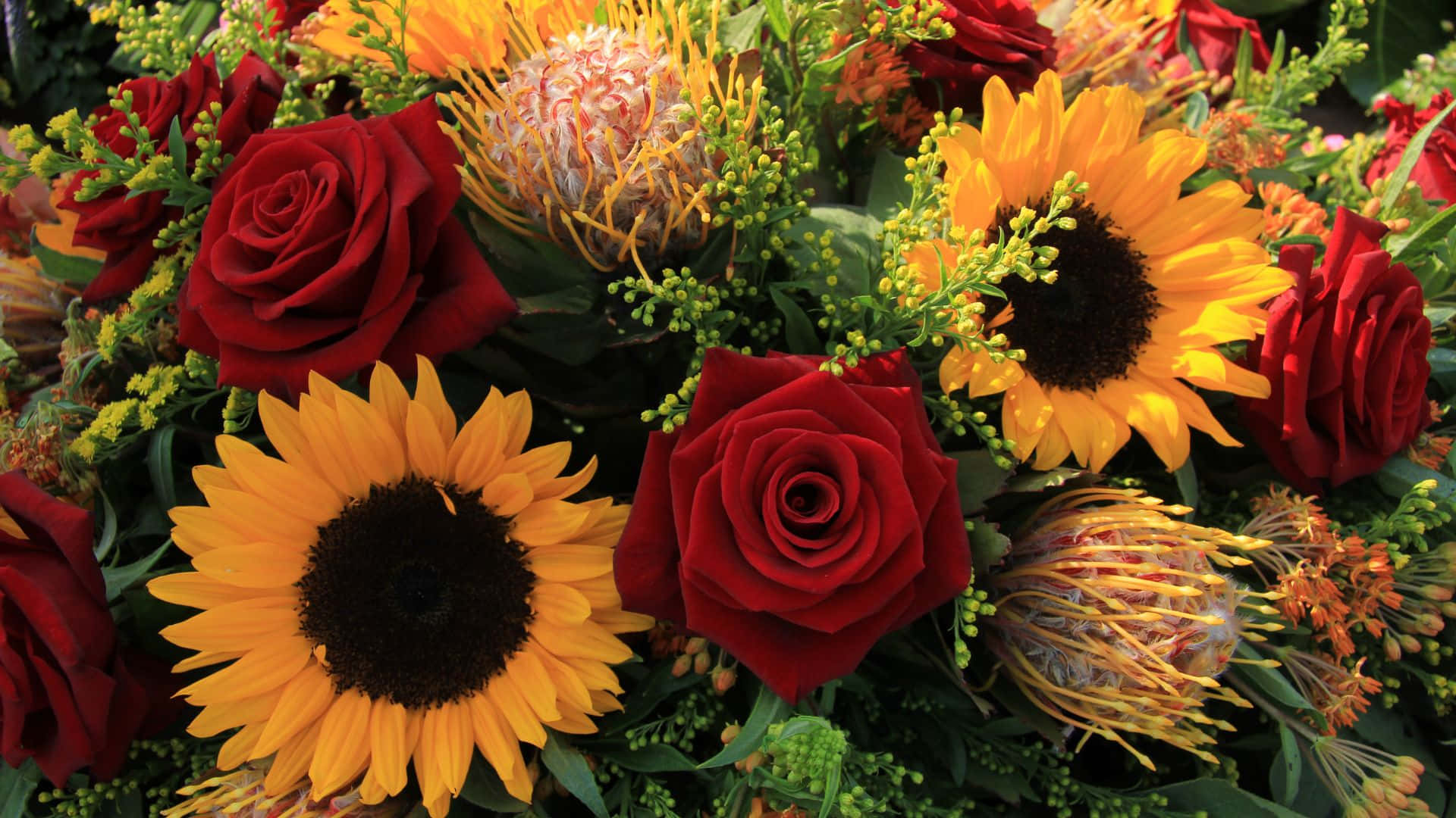 sunflowers, roses, protea, Full HD Desktop Wallpaper