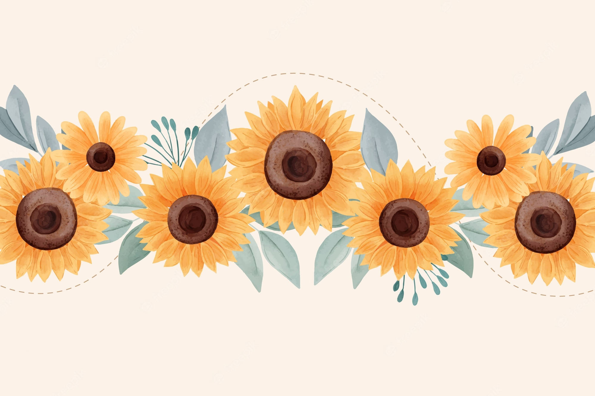 sunflowers, teal leaves, soft beige background, Full HD Desktop Wallpaper