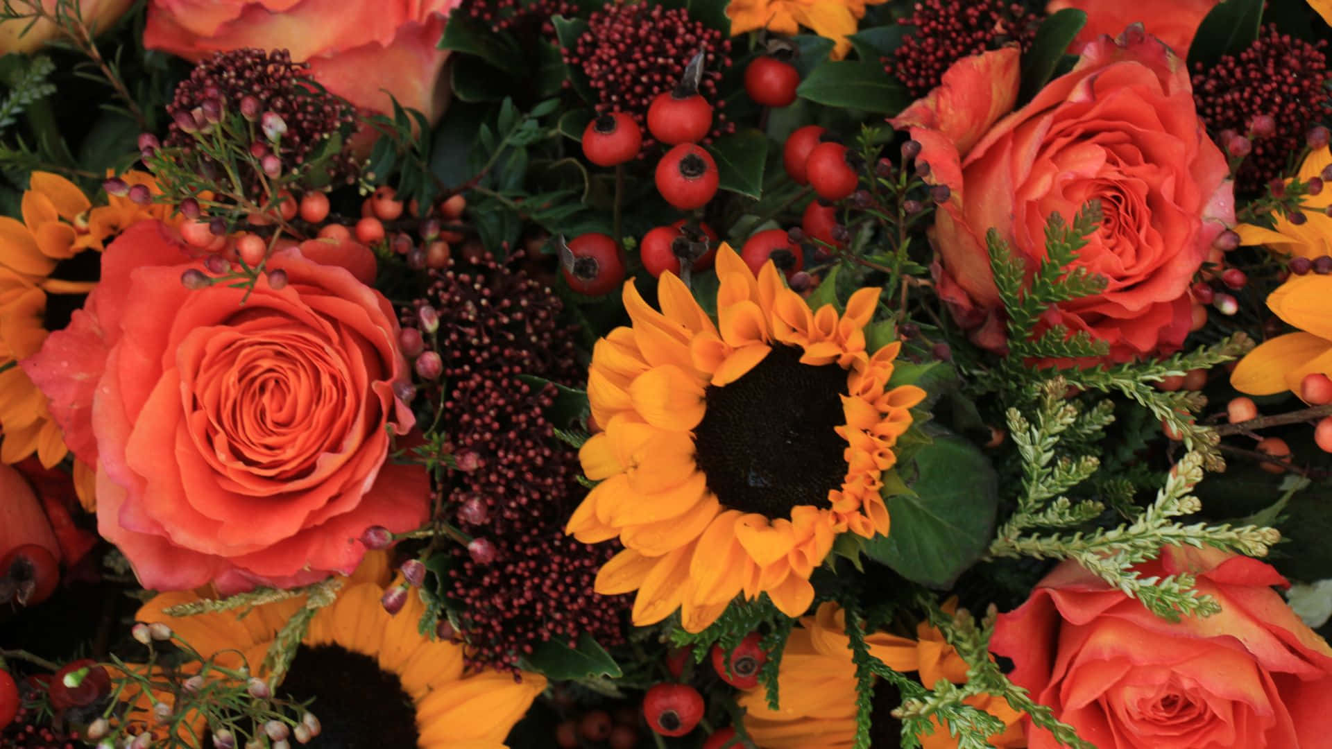 Sunflowers And Pink Roses, orange roses, sunflowers, Full HD Desktop Wallpaper