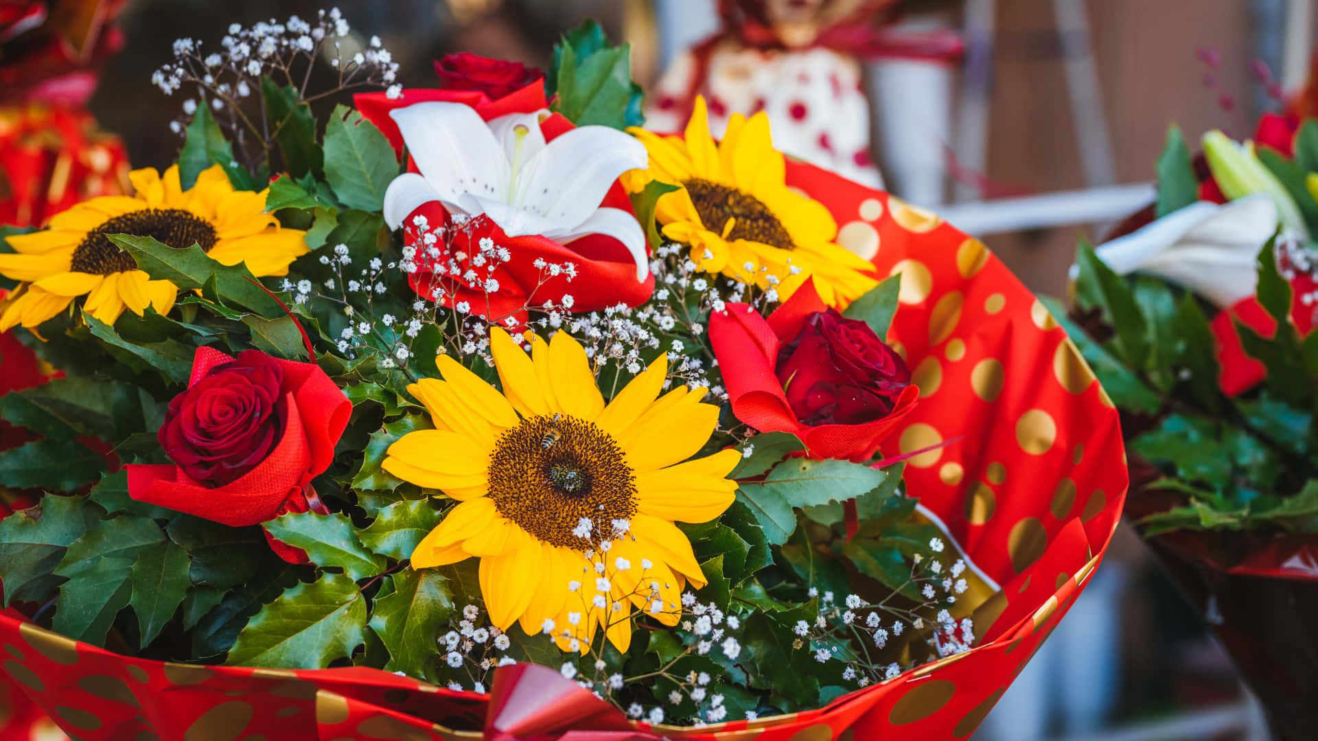sunflowers, roses, white lilies, Full HD Desktop Wallpaper