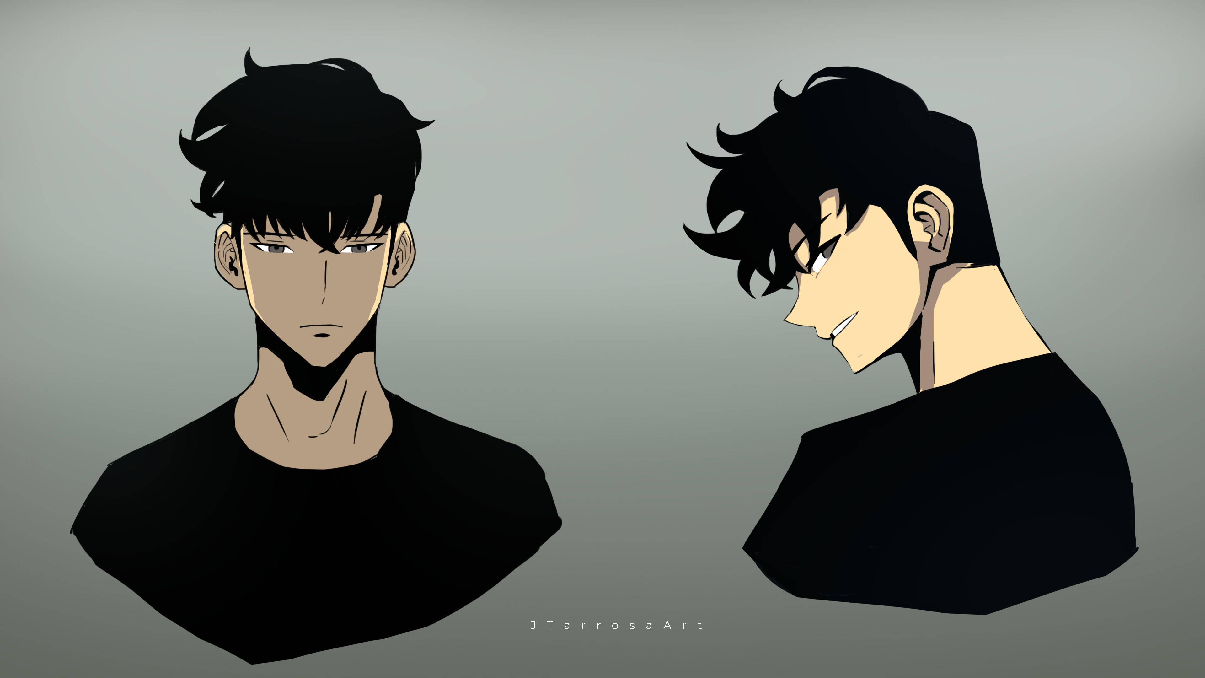 Minimalist Sung Jin Woo, anime-style male busts, muted gray background, 4K Desktop Wallpaper