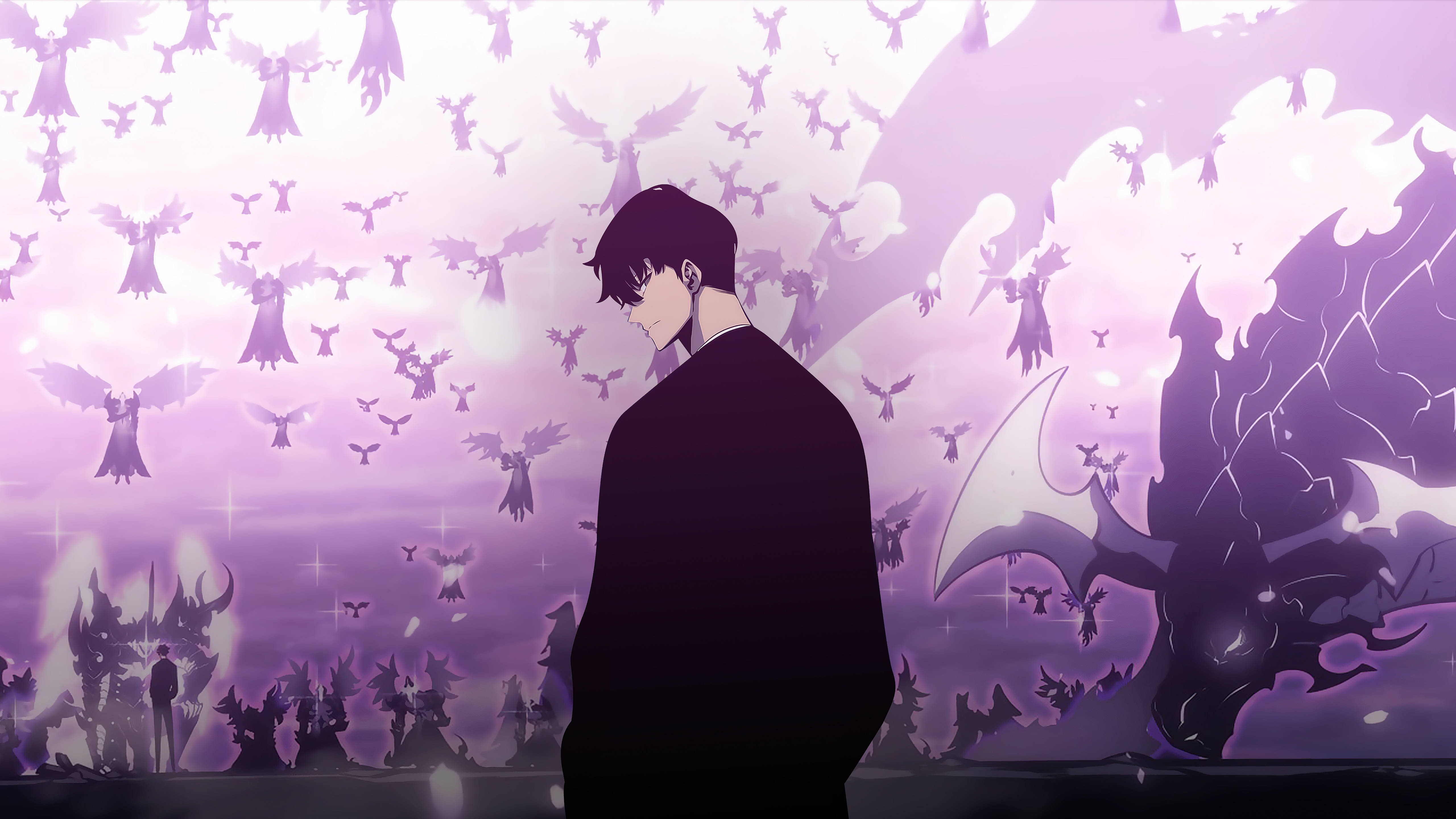 Sung Jin Woo, purple sky, flying angelic figures, 5K Desktop Wallpaper