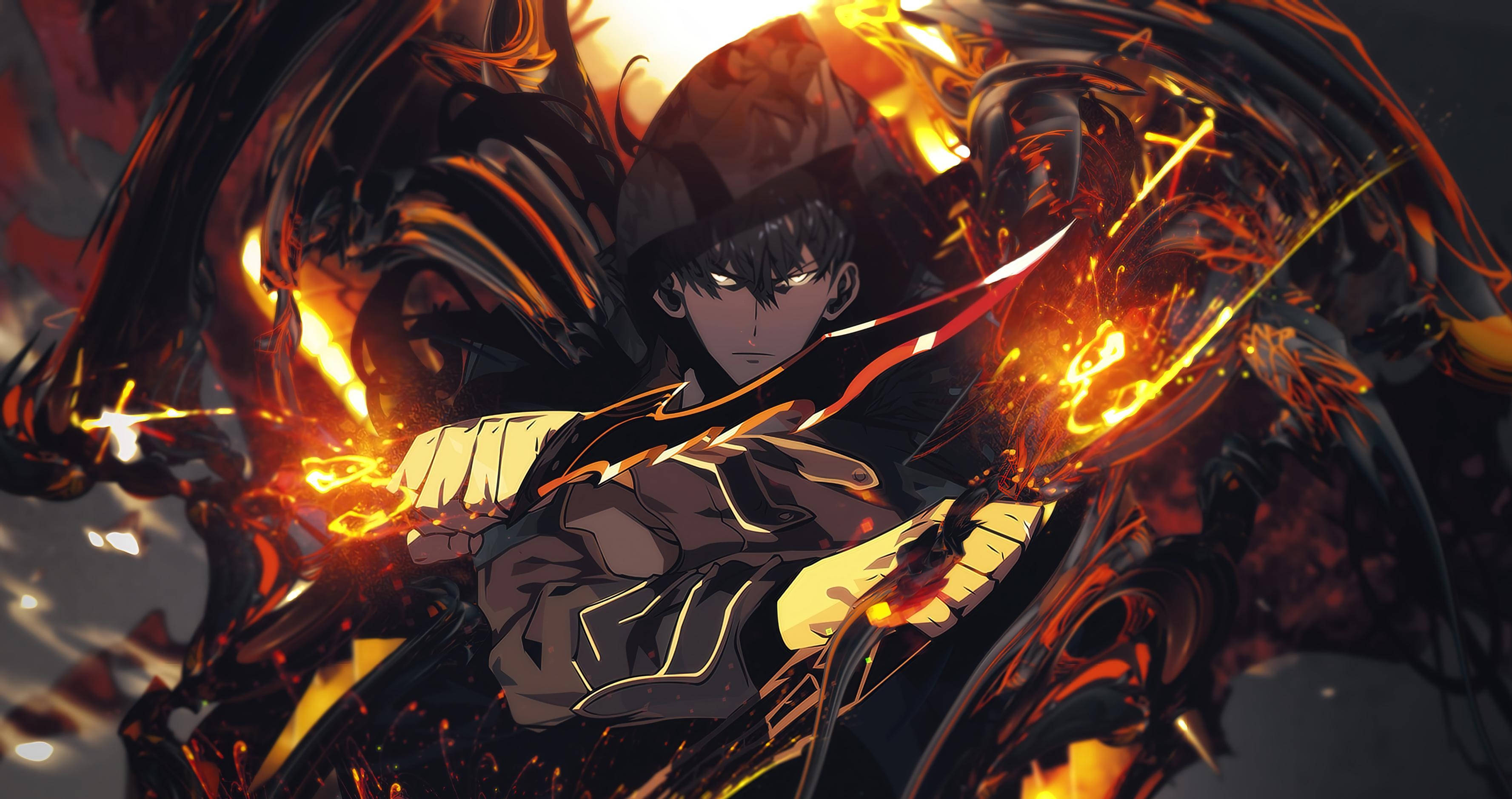Sung Jin Woo, daggers, fiery energy, 2K Desktop Wallpaper