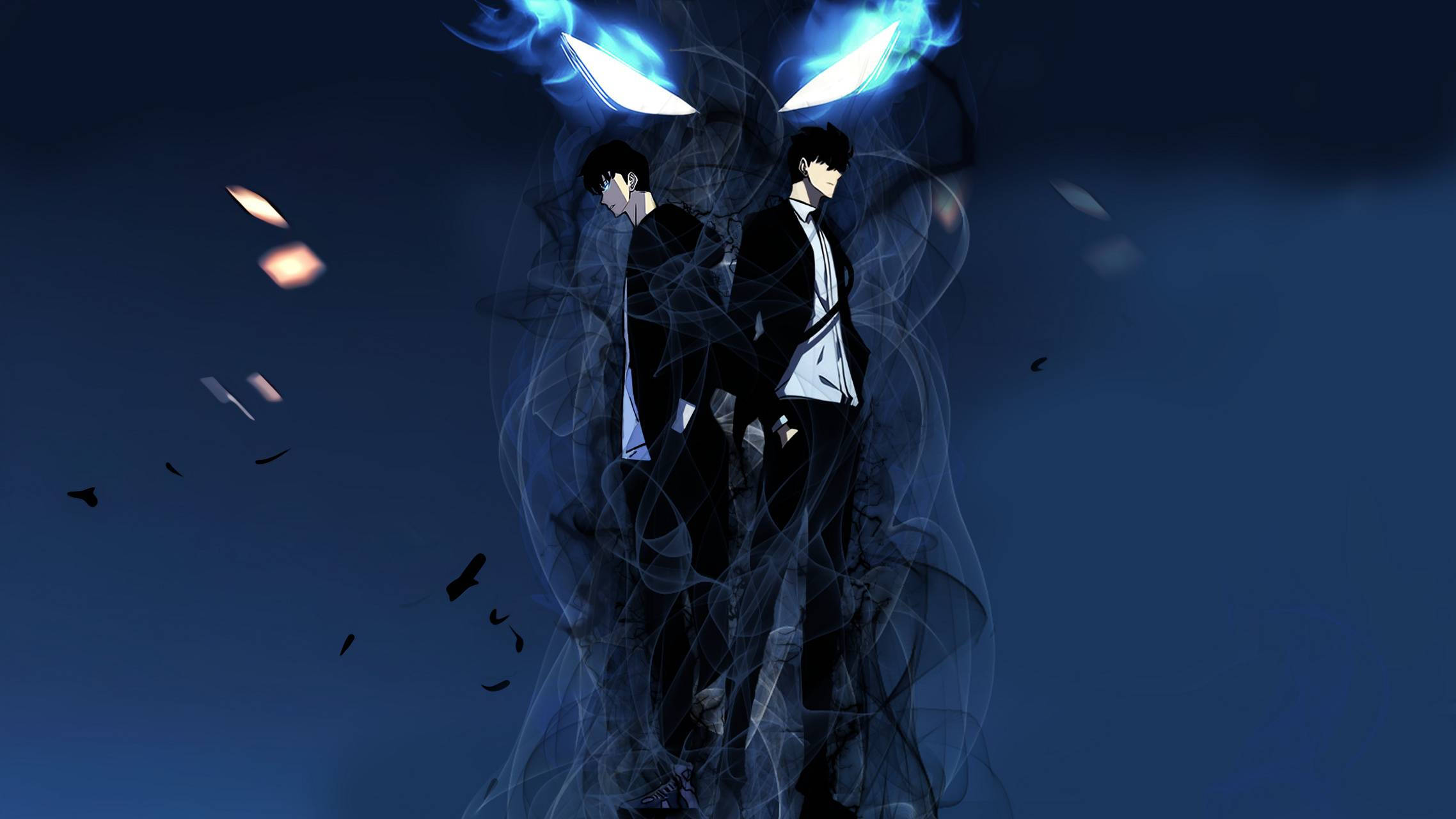 Sung Jin Woo, glowing blue wings, swirling dark energy, Full HD Desktop Wallpaper
