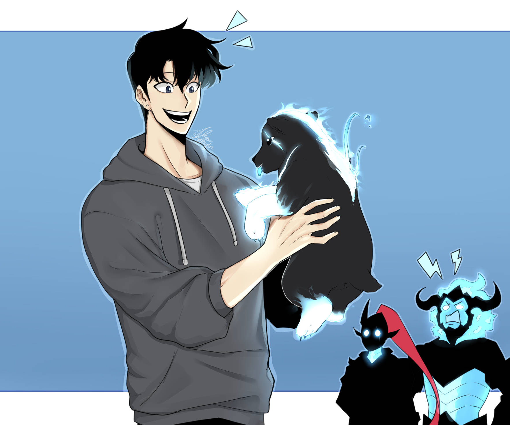 Sung Jin Woo, glowing black cat, angry ghostly figures, HD Desktop Wallpaper