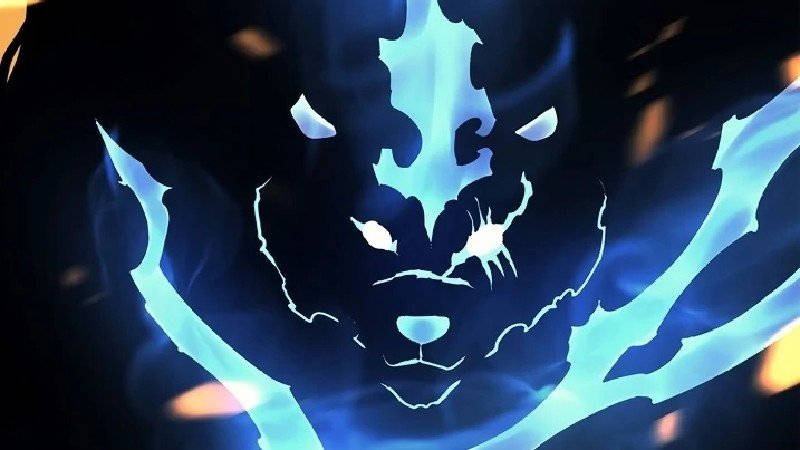 Sung Jin Woo, glowing blue lion head, jagged lightning-like features, SD Desktop Wallpaper