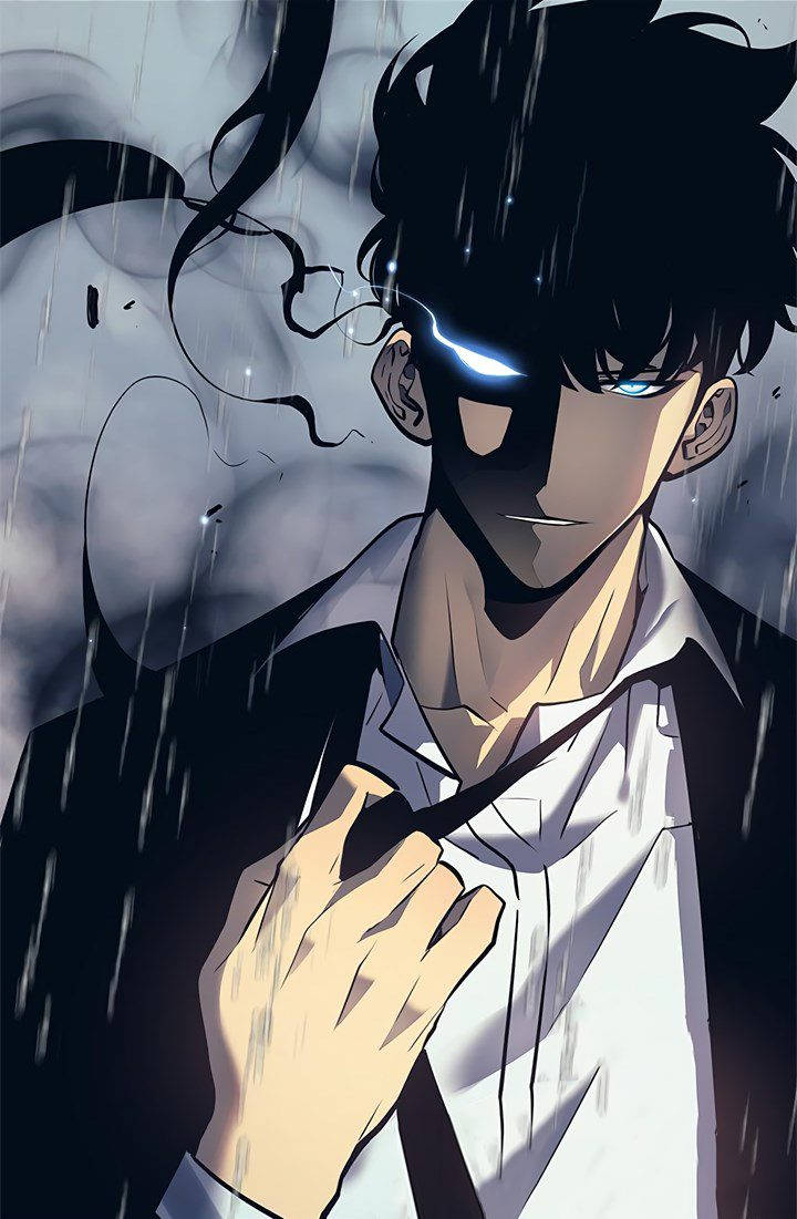 Sung Jin Woo, black suit, glowing blue eyes, SD Phone Wallpaper