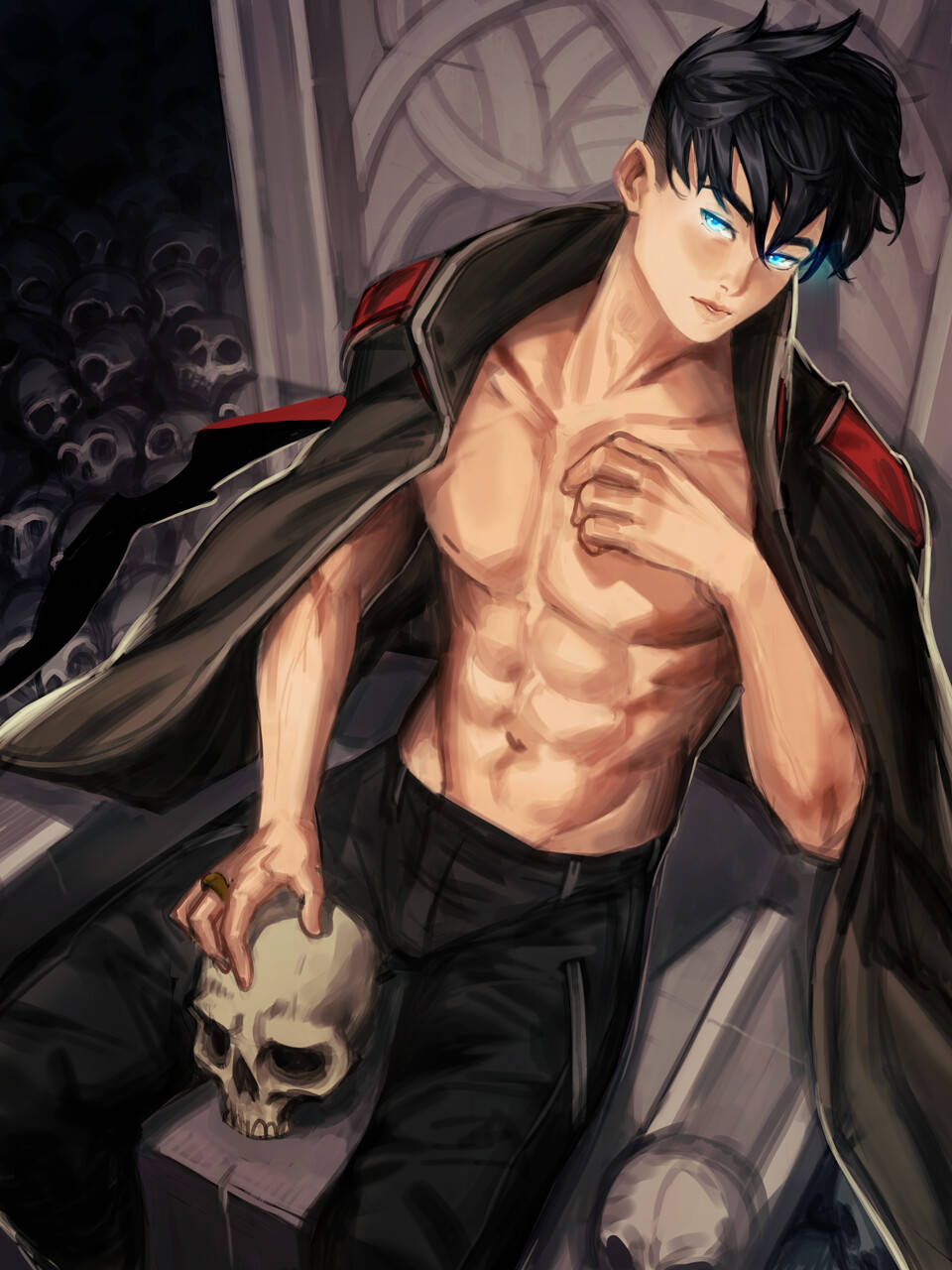 Sun Jin Woo, glowing blue eyes, skull, HD Phone Wallpaper