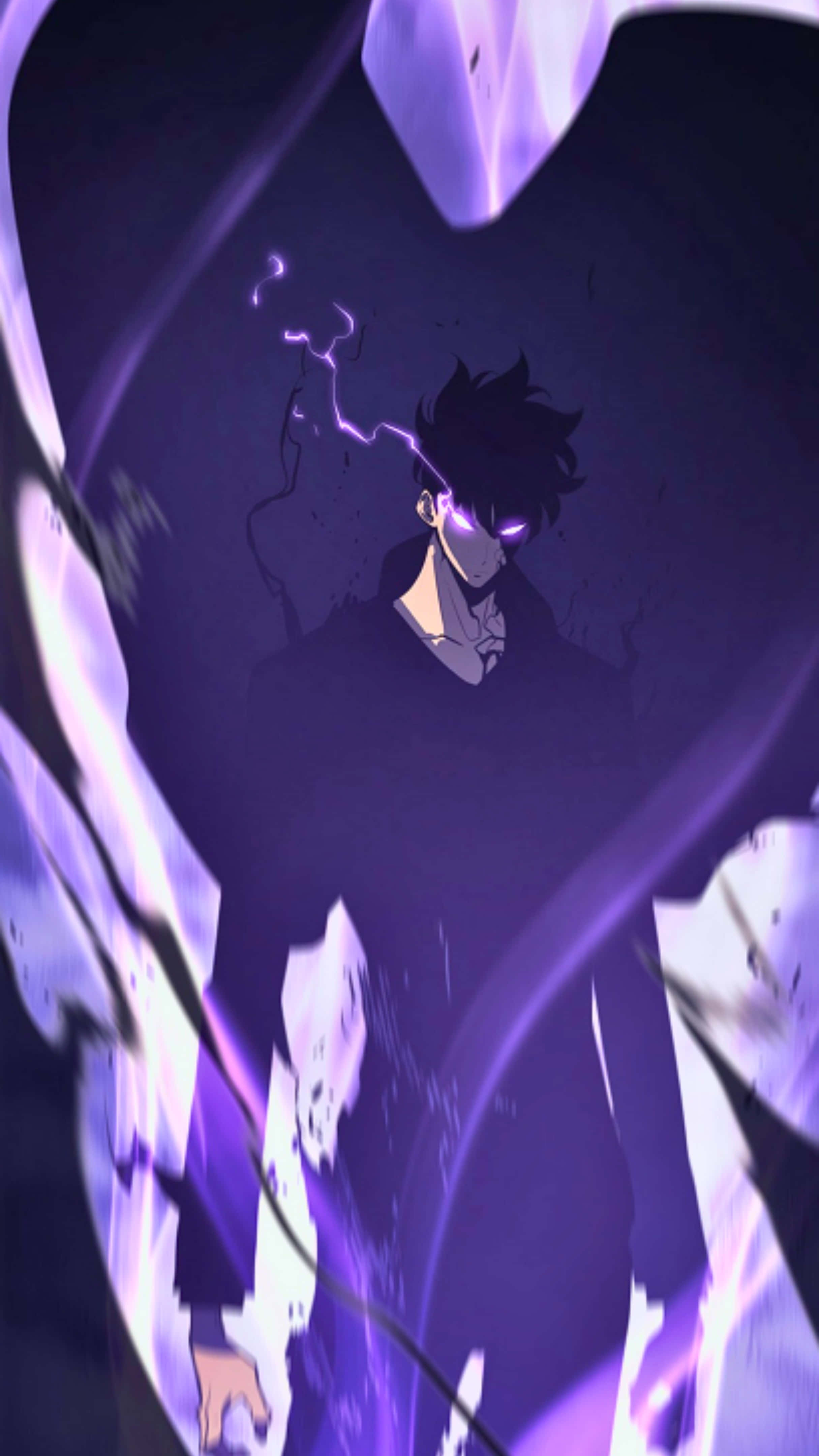 Sung Jin Woo, glowing purple eyes, lightning crackling, 4K Phone Wallpaper