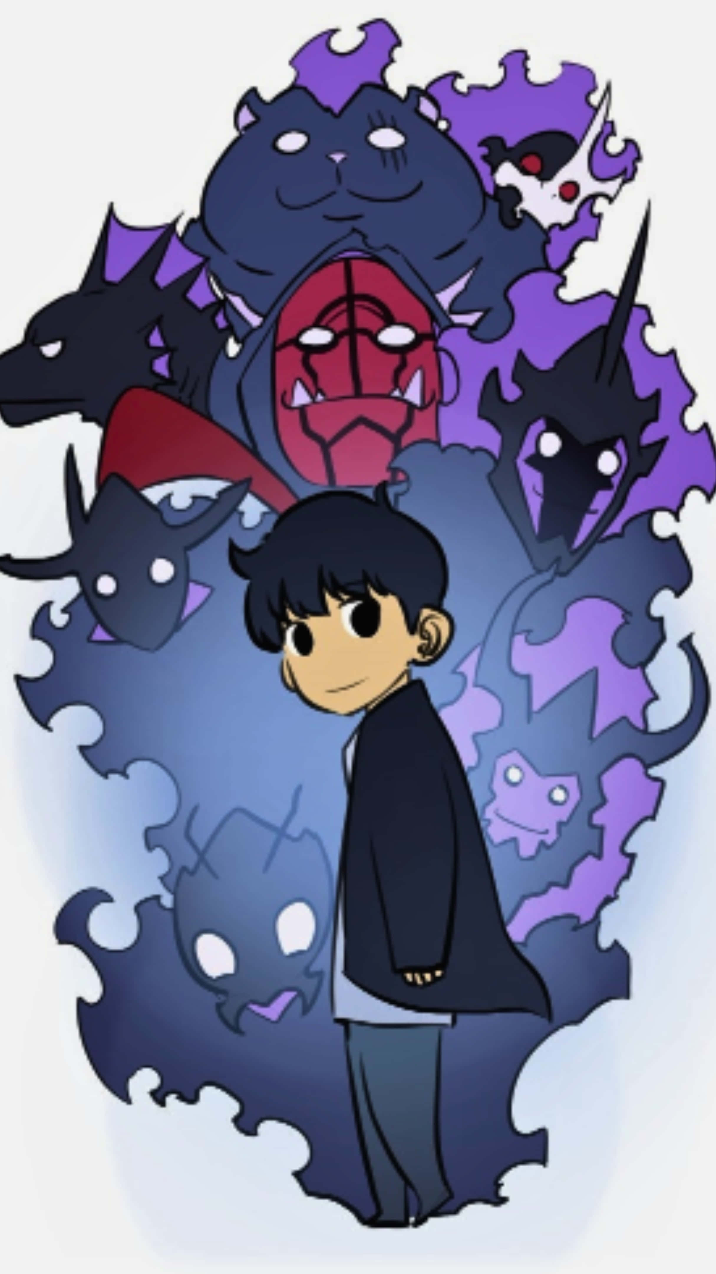 Sung Jin Woo, purple and blue cartoon monsters, dark coat, 4K Phone Wallpaper