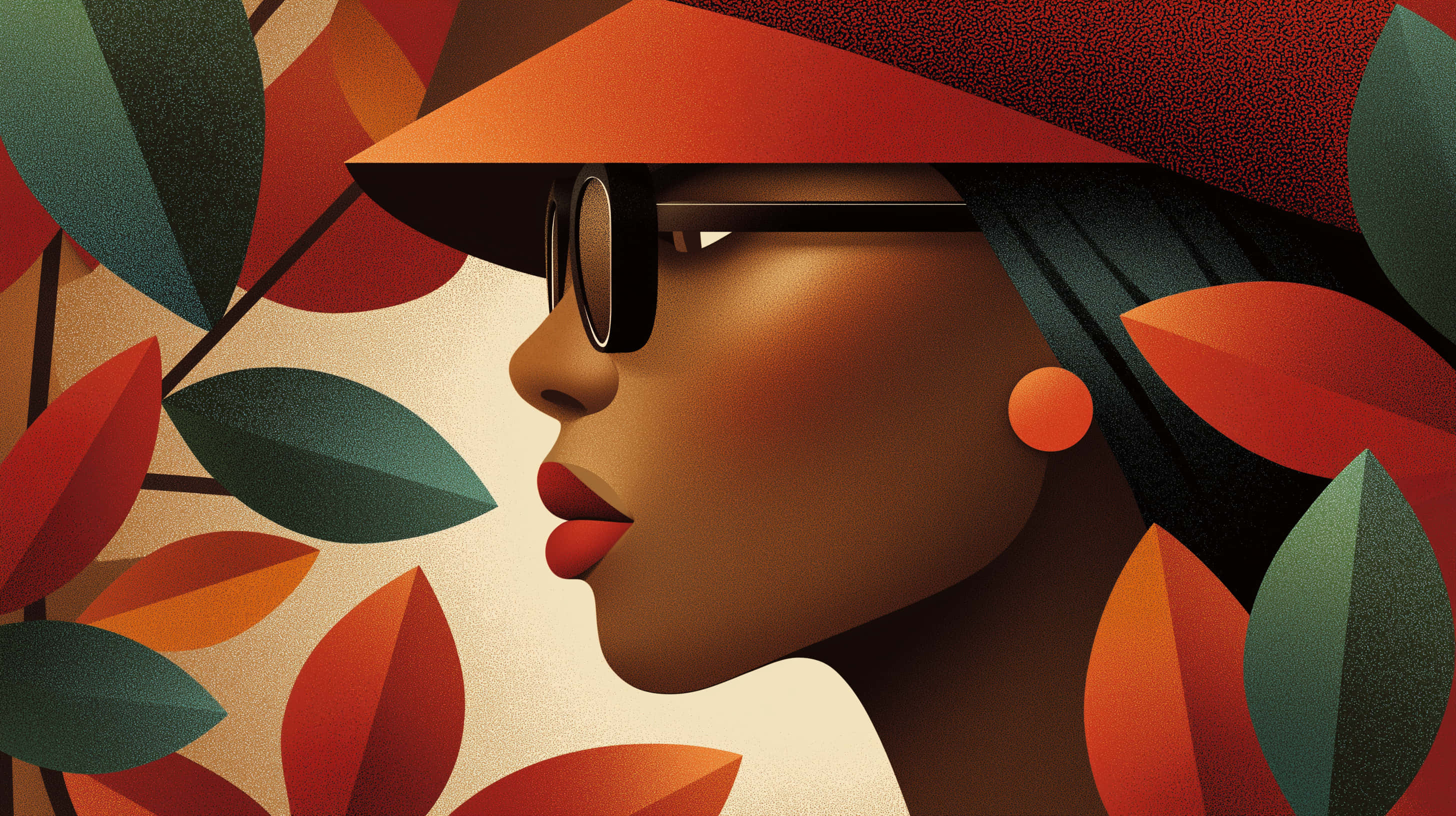 woman, wide brimmed orange hat, black glasses, 2K Desktop Wallpaper