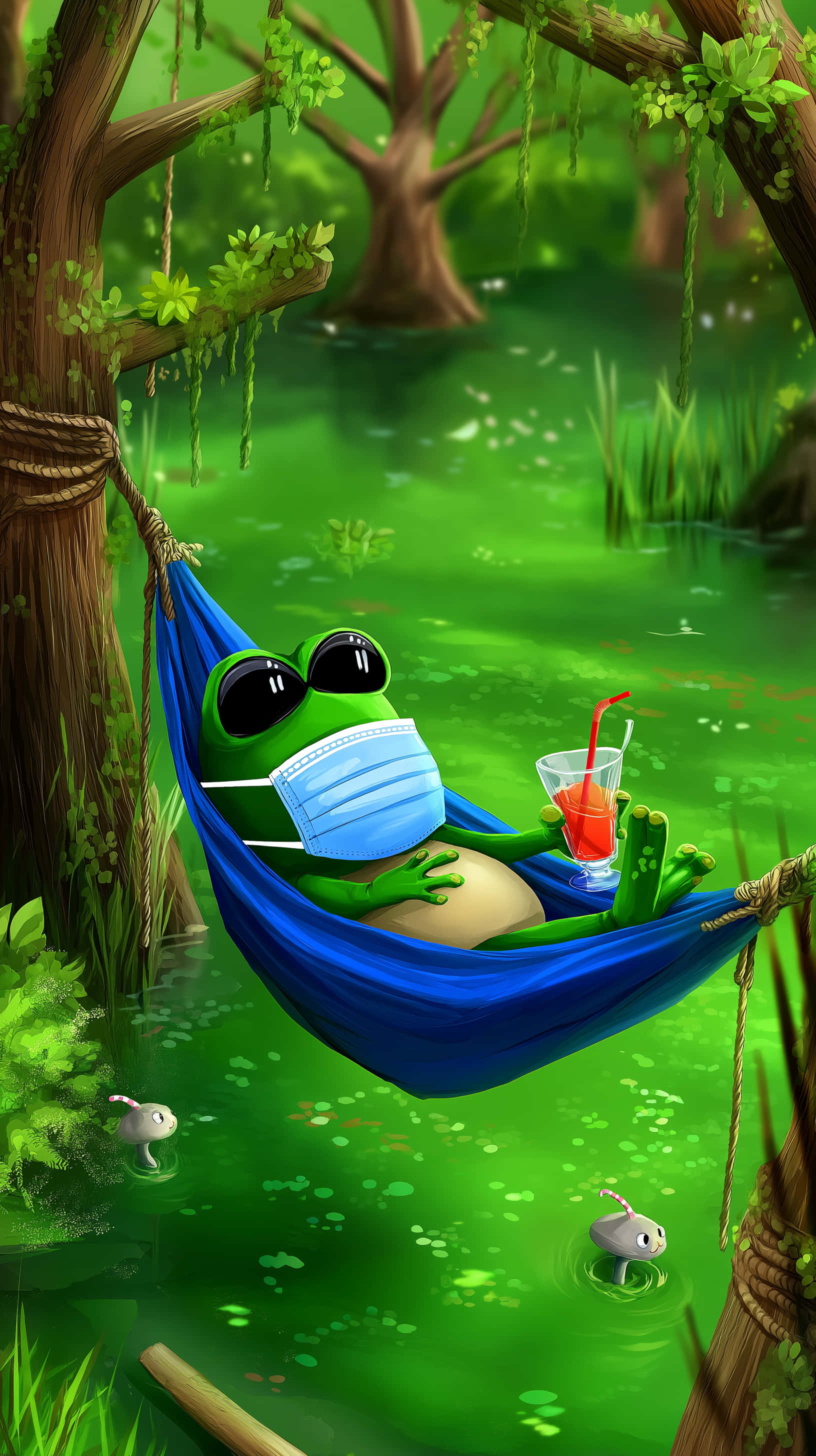 green frog, sunglasses, face mask, 2K Phone Wallpaper