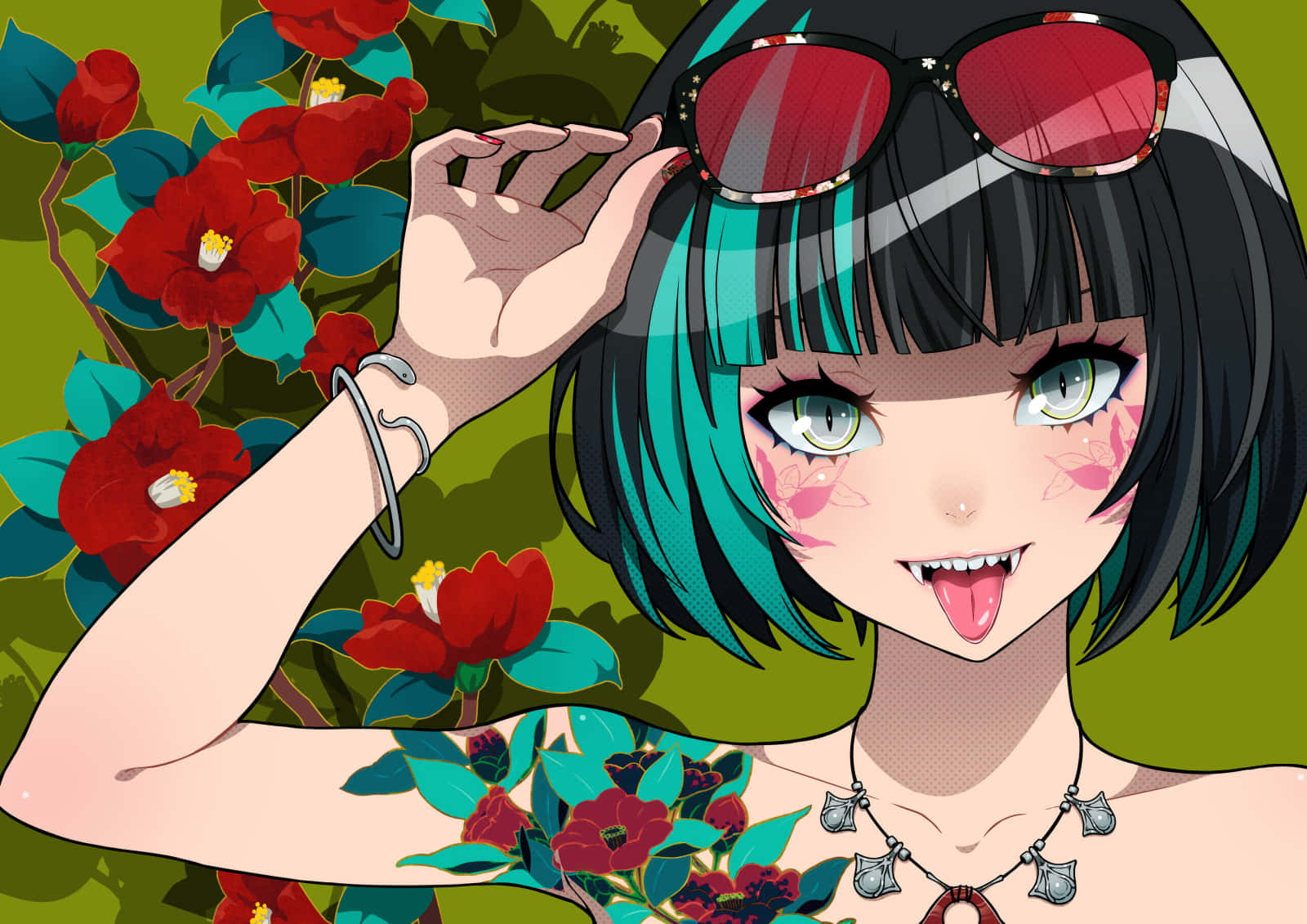 teal hair, red sunglasses, vibrant red flowers, HD Desktop Wallpaper