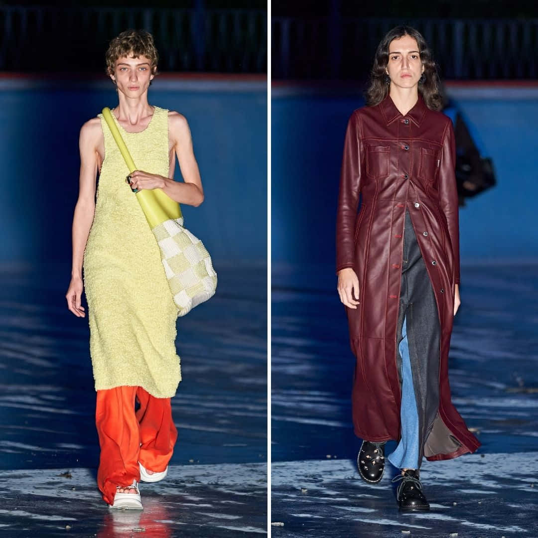 Sunnei, textured yellow and orange, long burgundy leather coat, SD Desktop Wallpaper