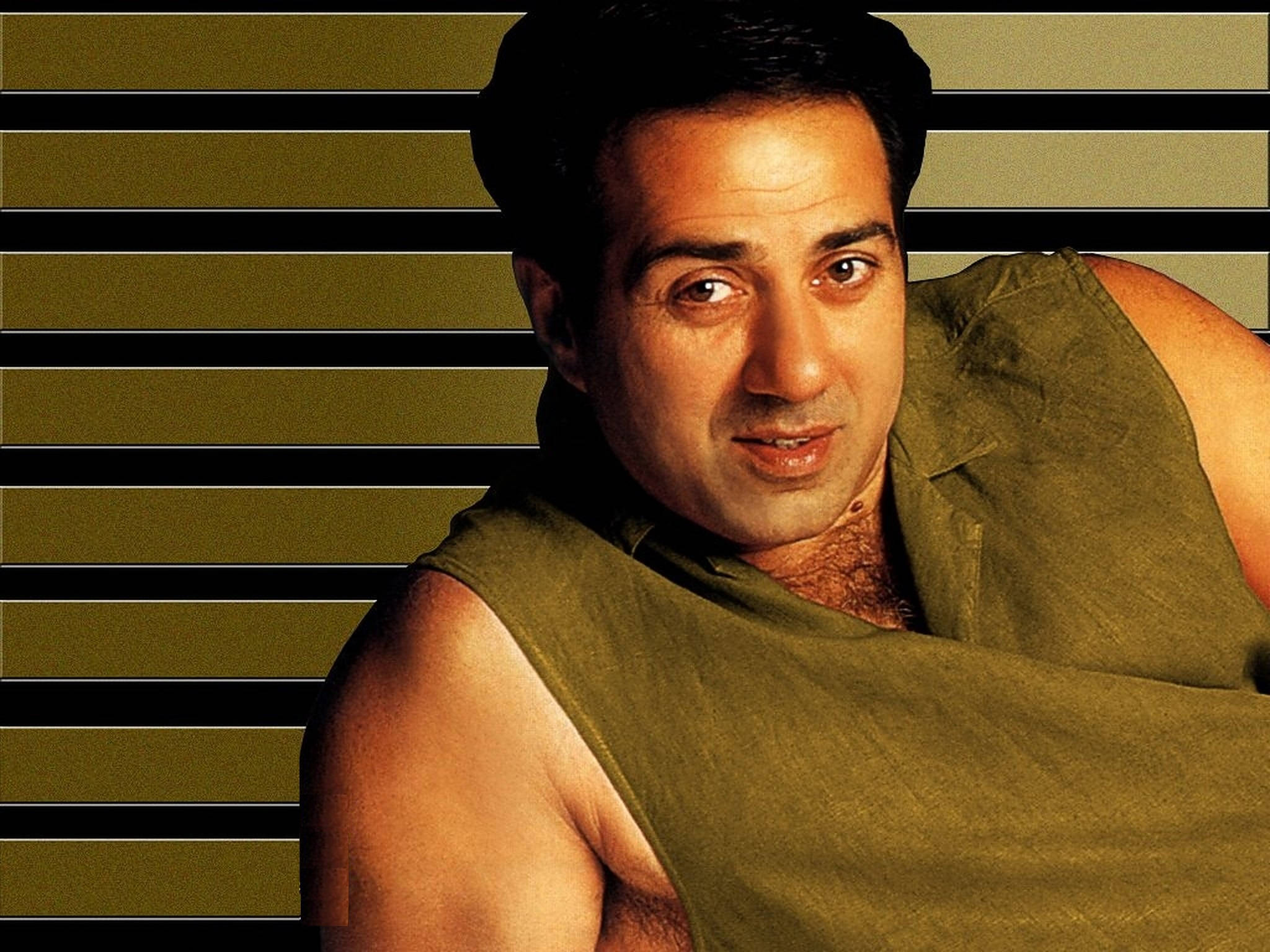 Sunny Deol, green sleeveless shirt, striped background, Full HD Desktop Wallpaper