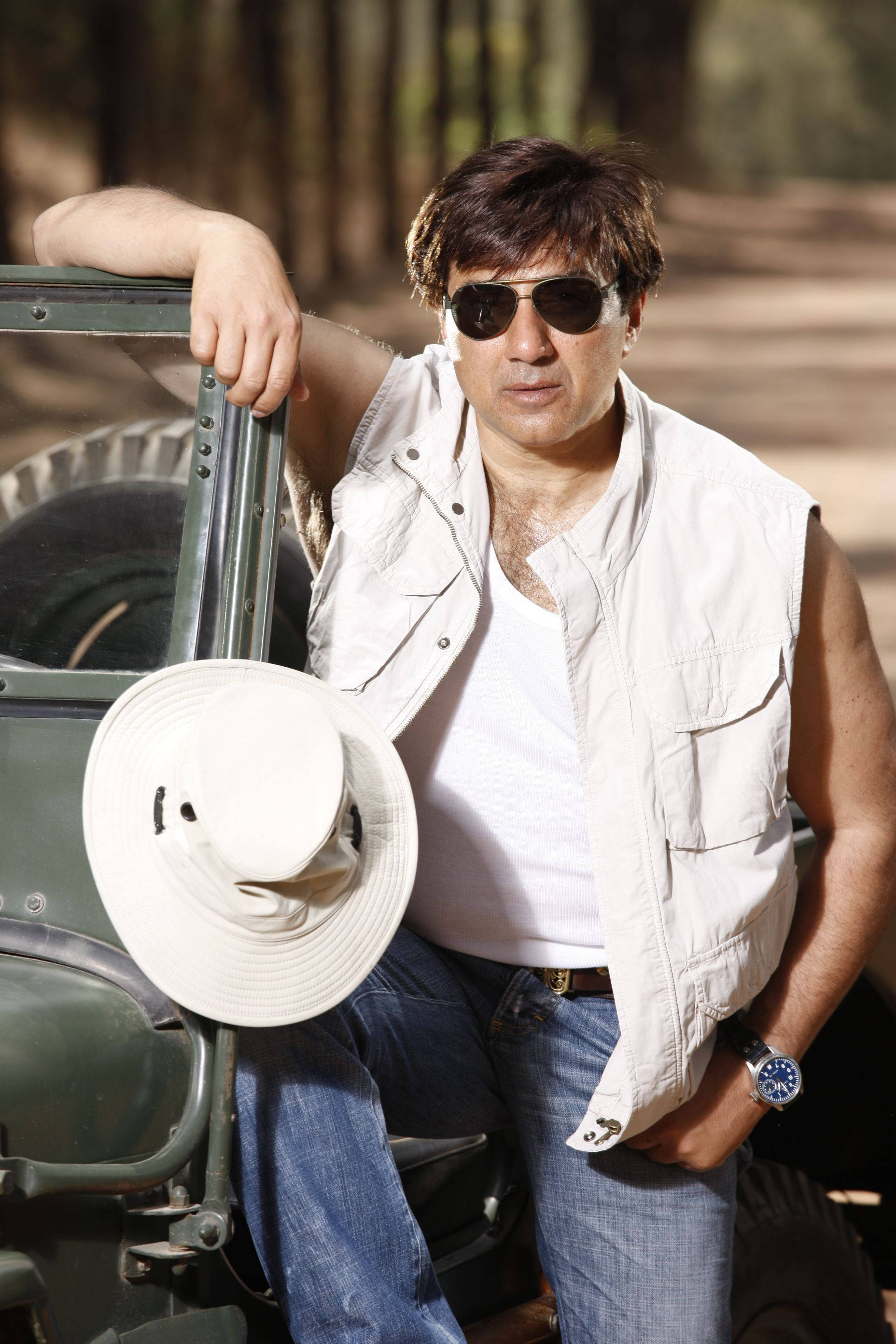 Sunny Deol, white vest, green jeep, 2K Phone Wallpaper
