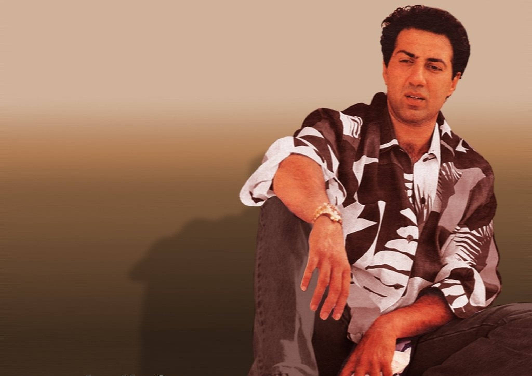 Sunny Deol, patterned shirt, warm gradient sunset, Full HD Desktop Wallpaper