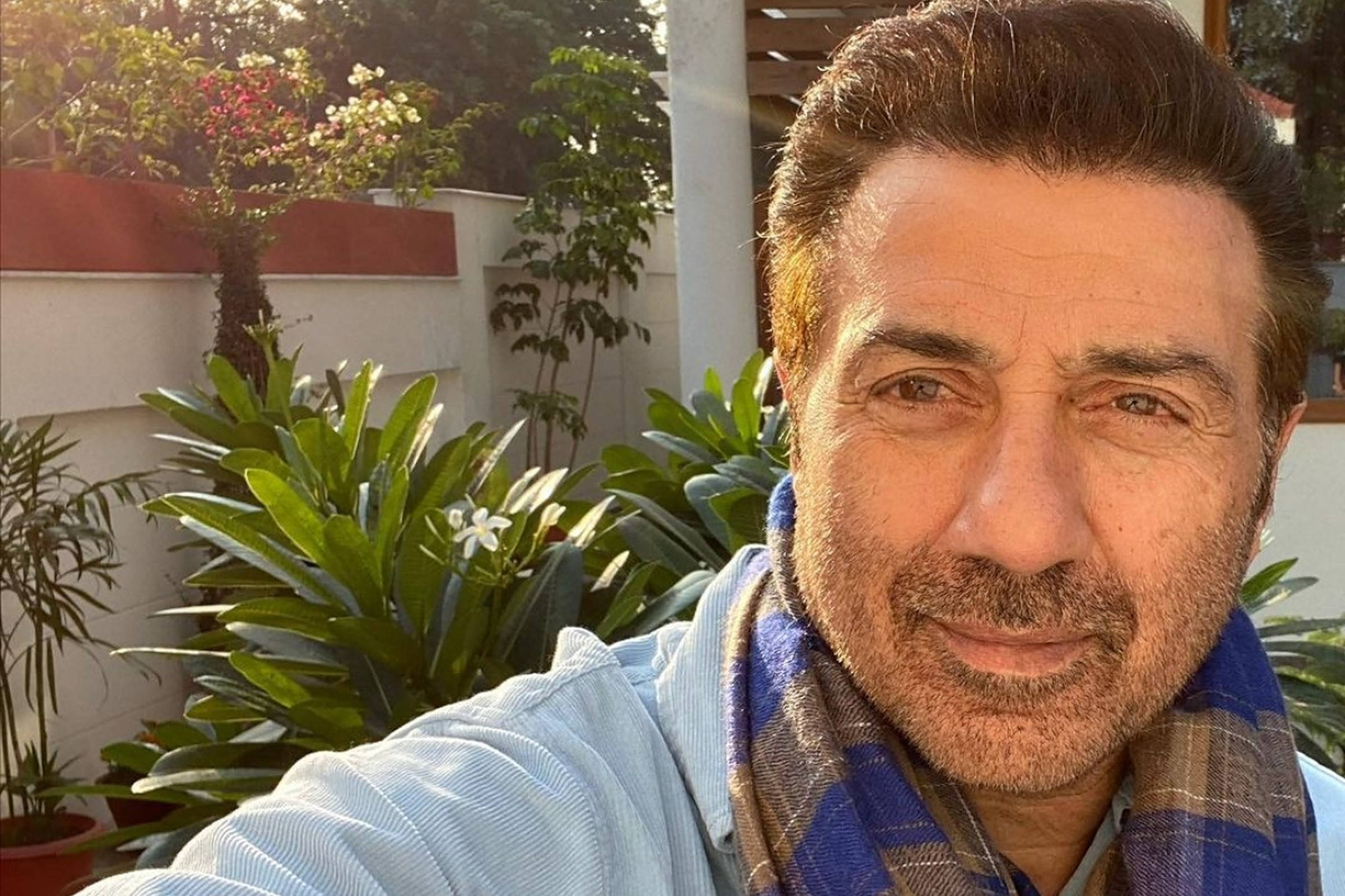 Sunny Deol, blue plaid scarf, golden sunlight, Full HD Desktop Wallpaper