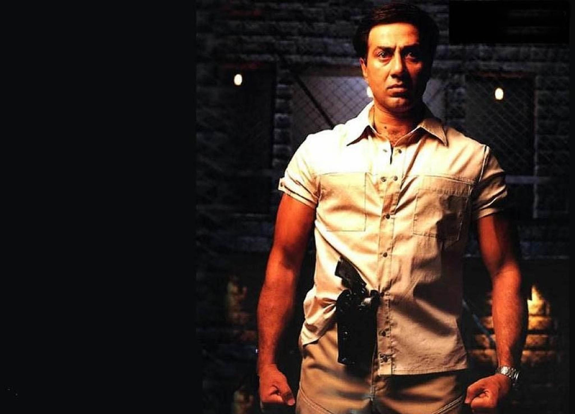 Sunny Deol, beige shirt, brick wall, Full HD Desktop Wallpaper