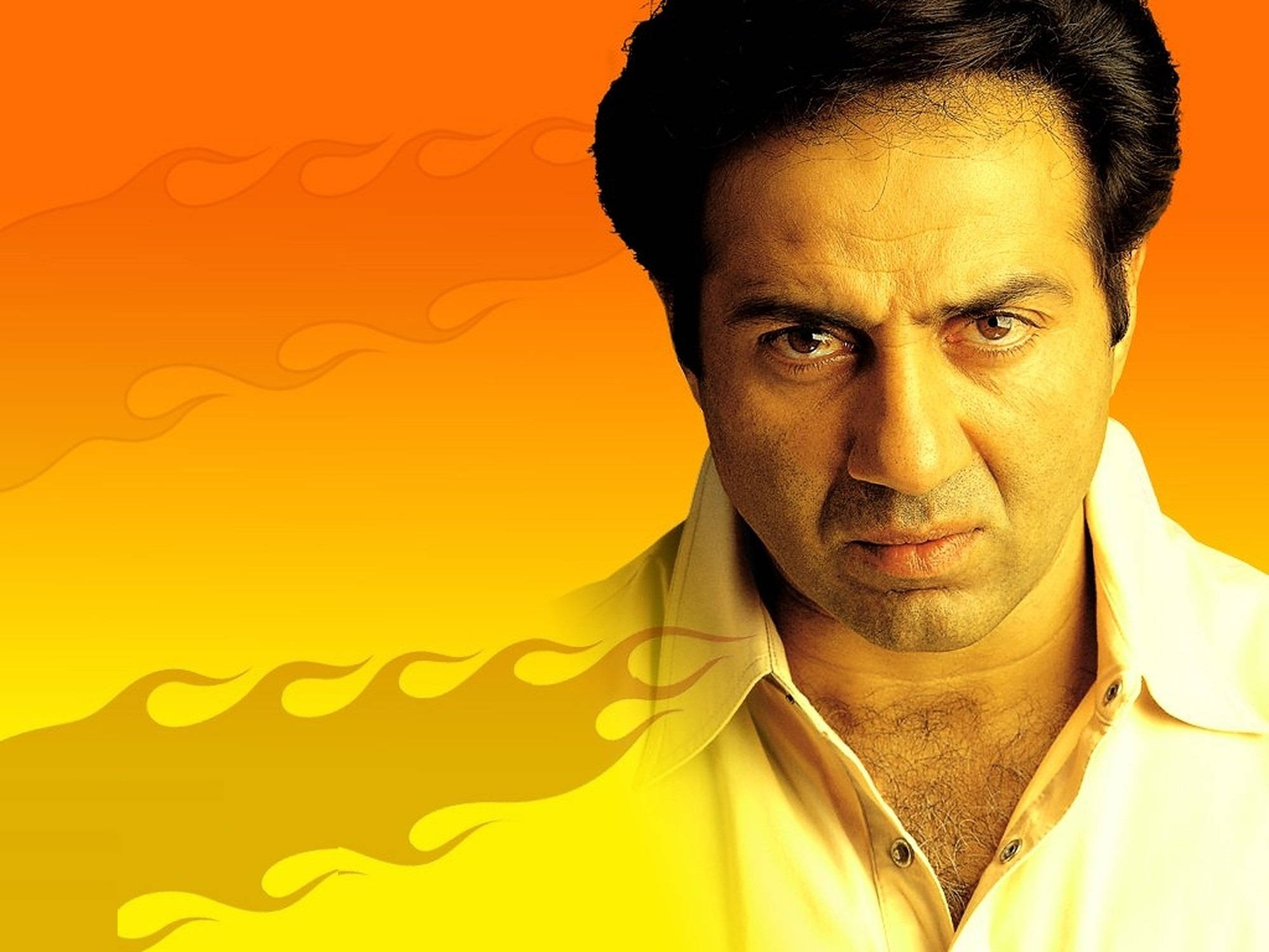 Sunny Deol, flame motifs, fiery orange, Full HD Desktop Wallpaper