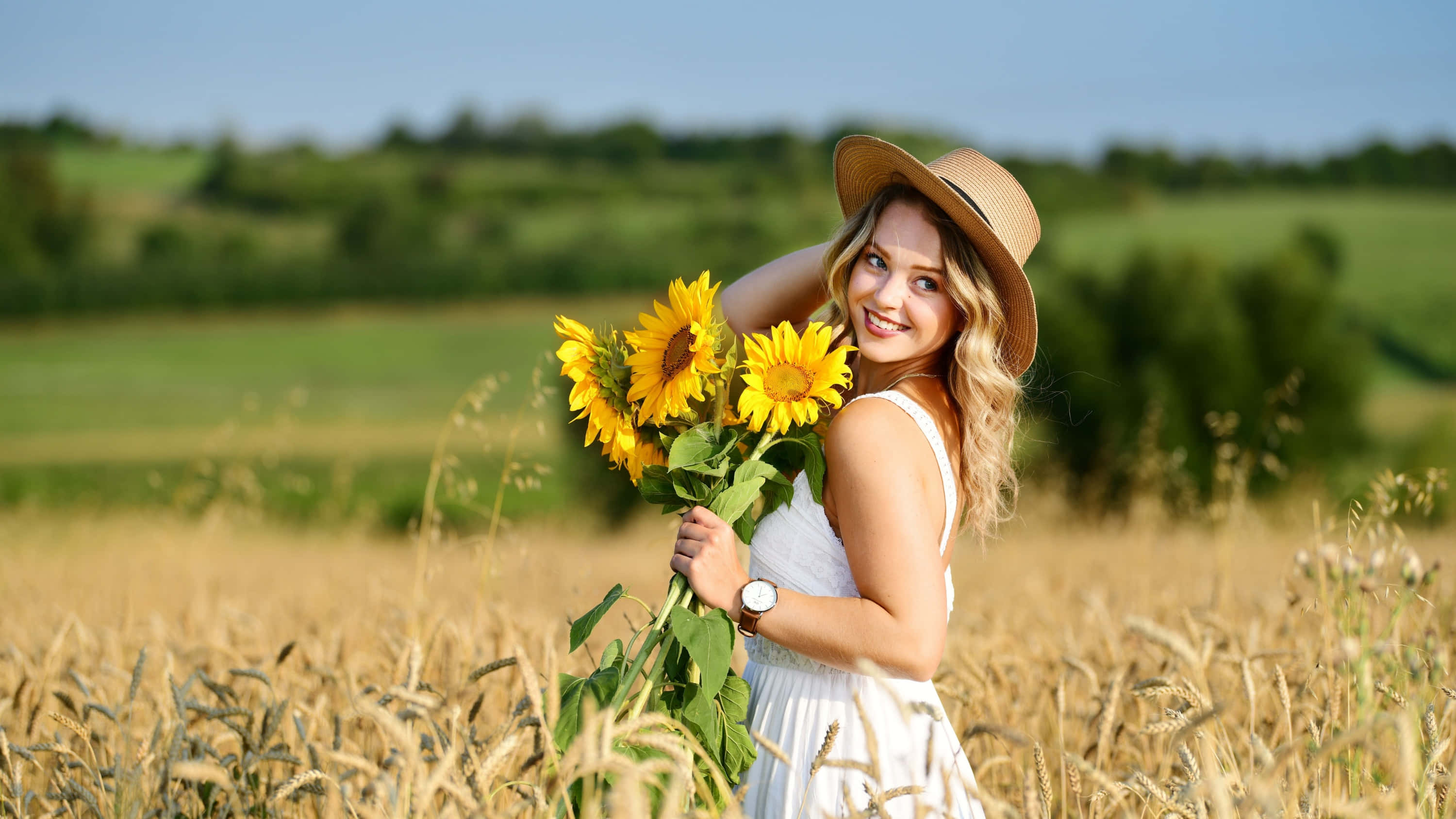 straw hat, sunflowers, golden wheat field, 2K Desktop Wallpaper