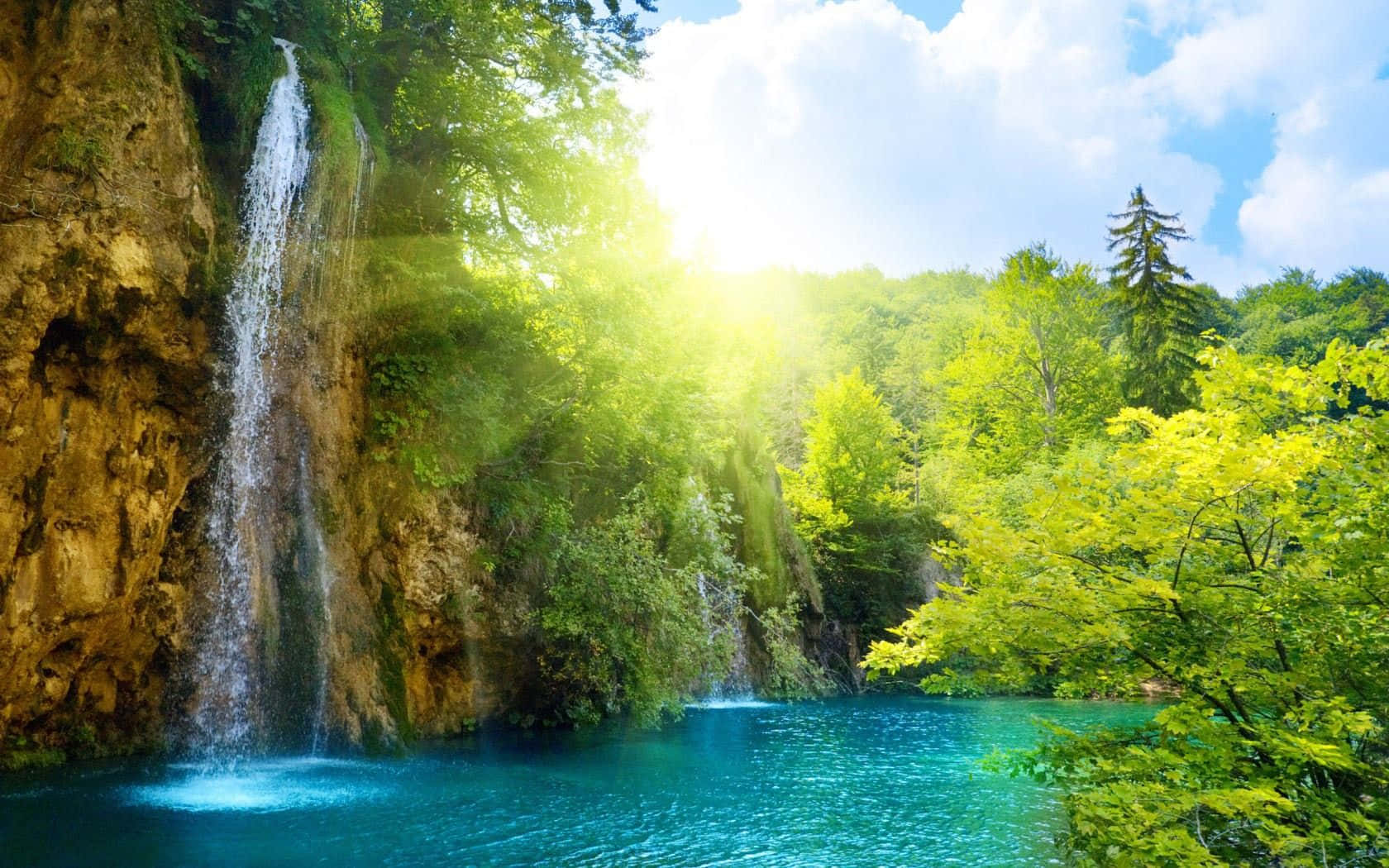 Sunny, waterfall, turquoise pool, HD Desktop Wallpaper