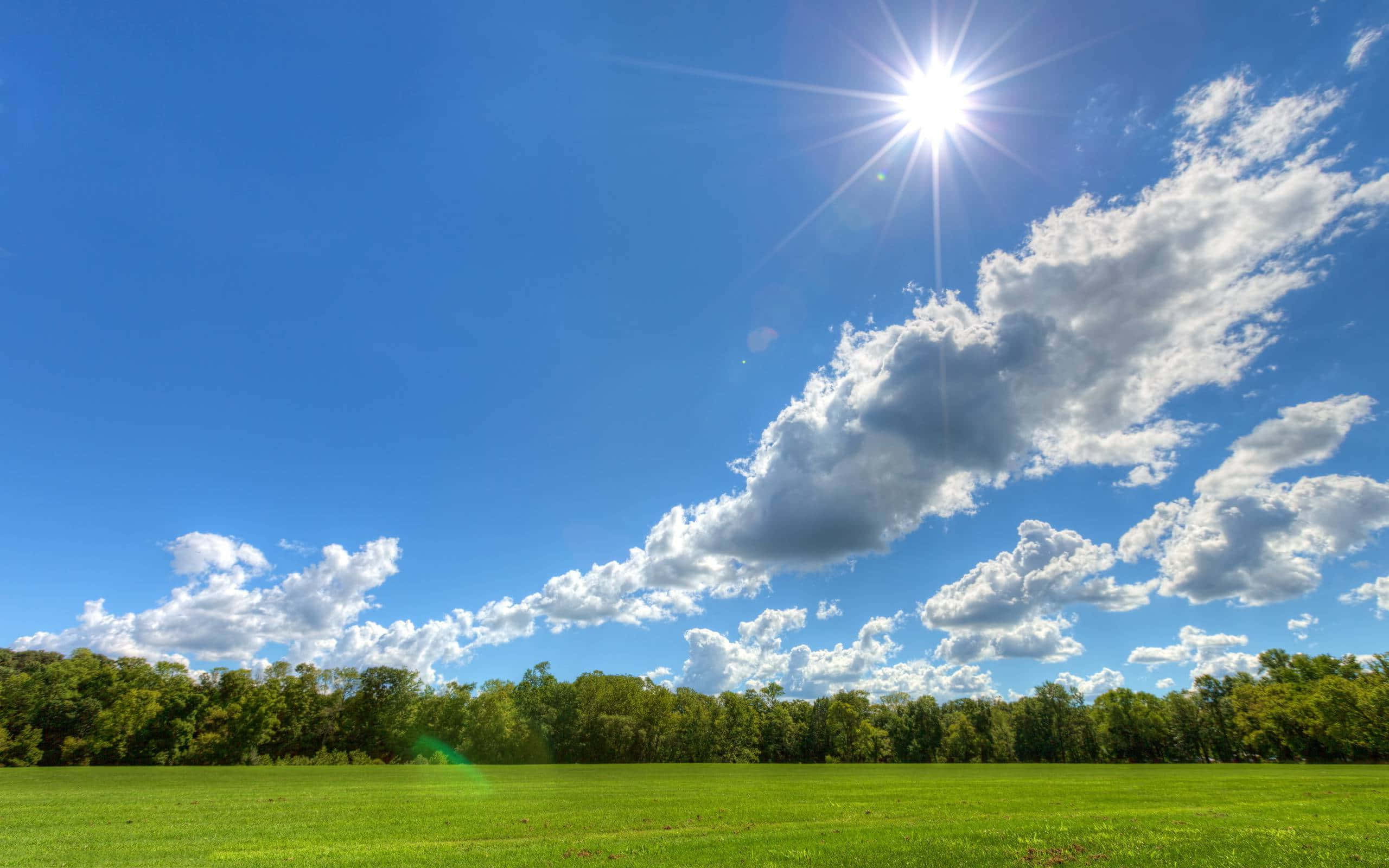 blue sky, fluffy white clouds, radiant sun, 2K Desktop Wallpaper