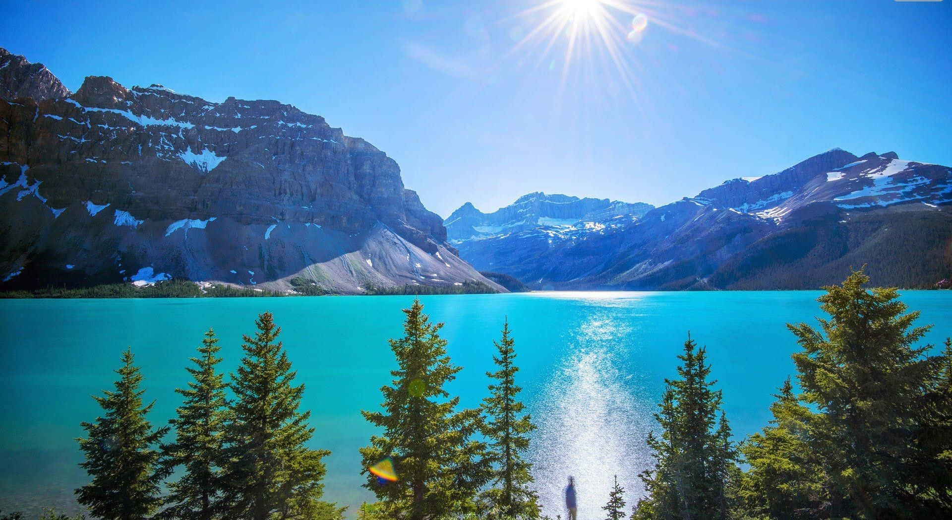 sunny mountain lake, vibrant turquoise lake, towering snow-dusted mountains, Full HD Desktop Wallpaper