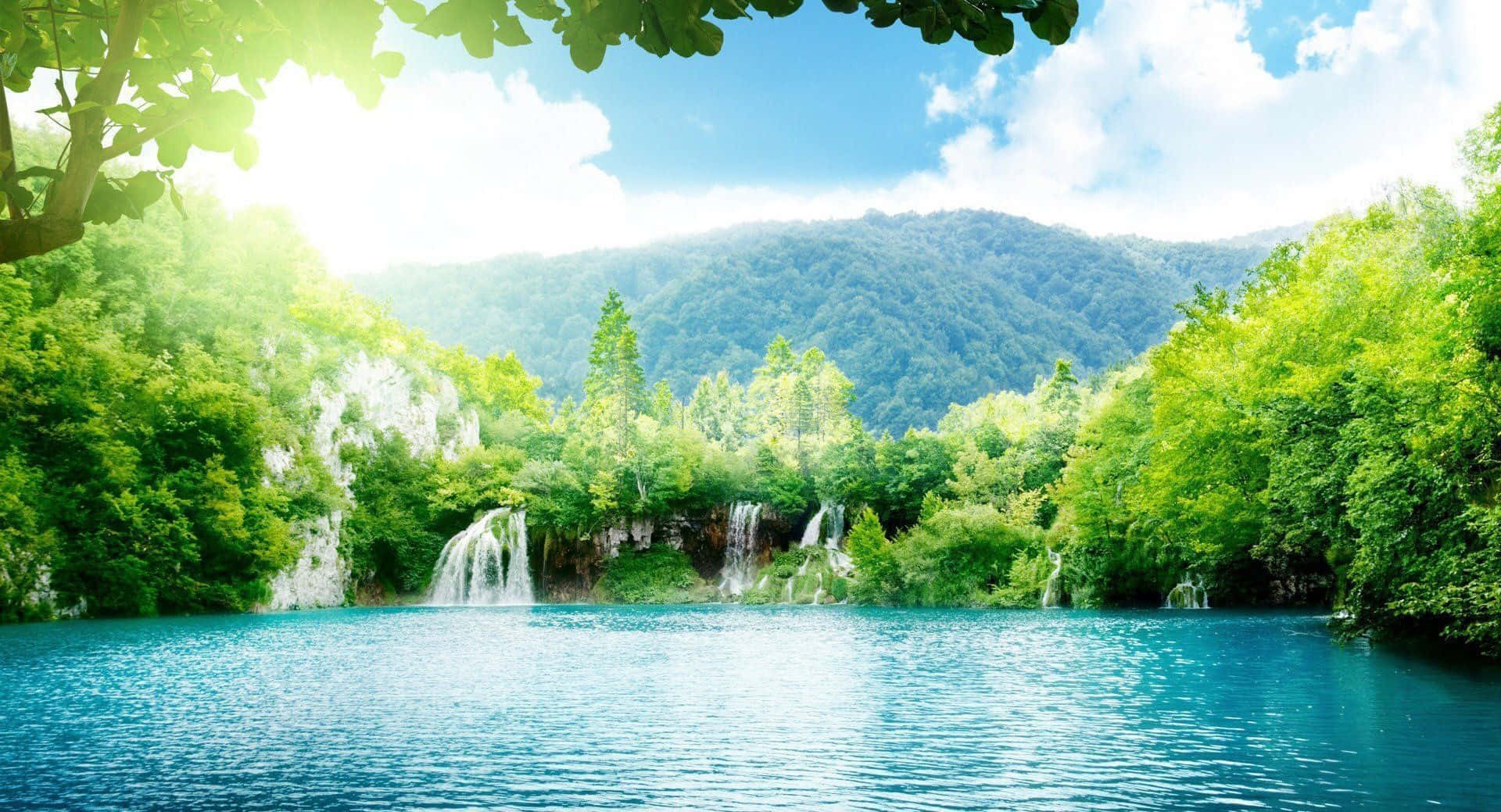 Sunny, turquoise lake, cascading waterfalls, Full HD Desktop Wallpaper