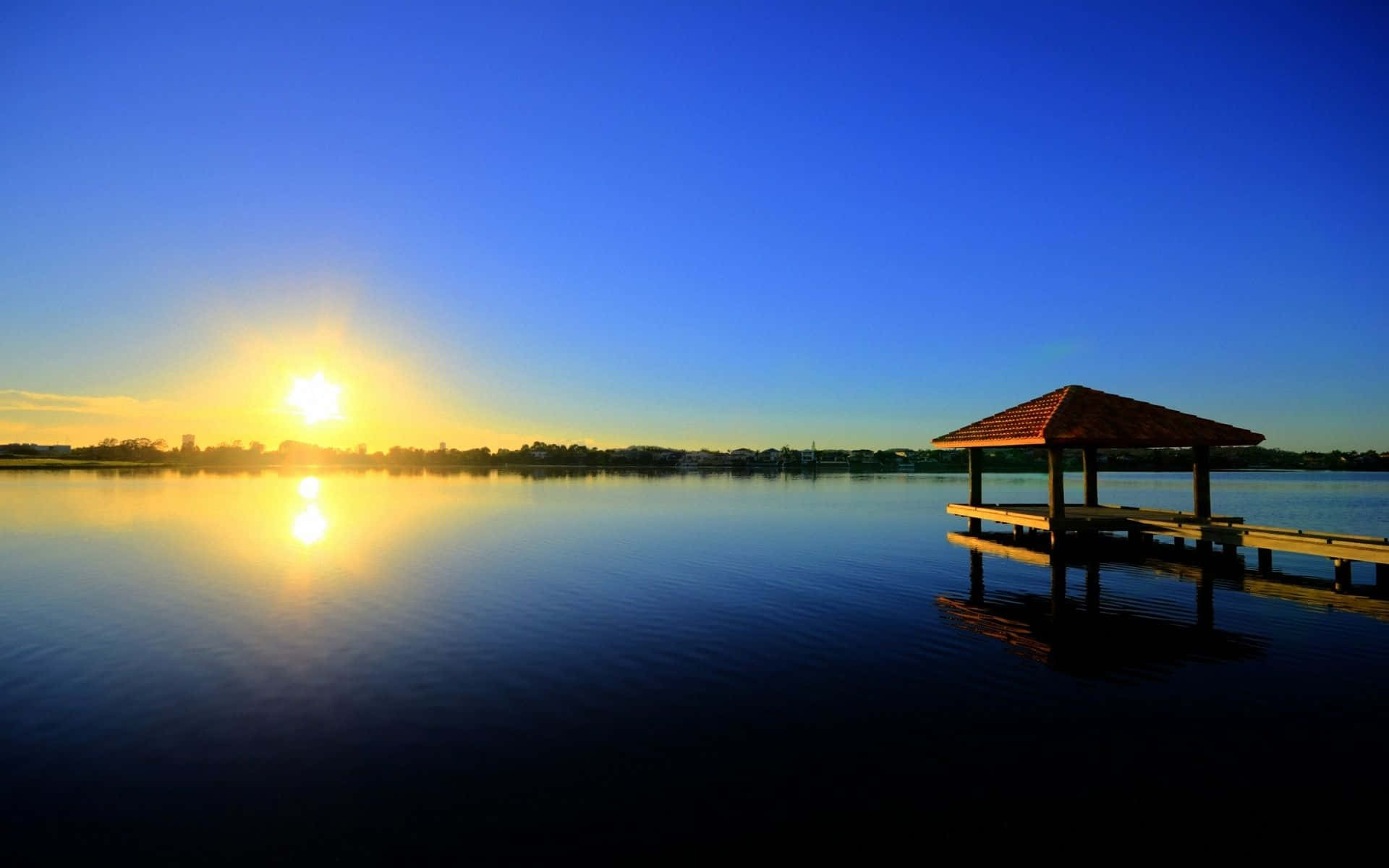 sunrise, beach, wooden pavilion, Full HD Desktop Wallpaper