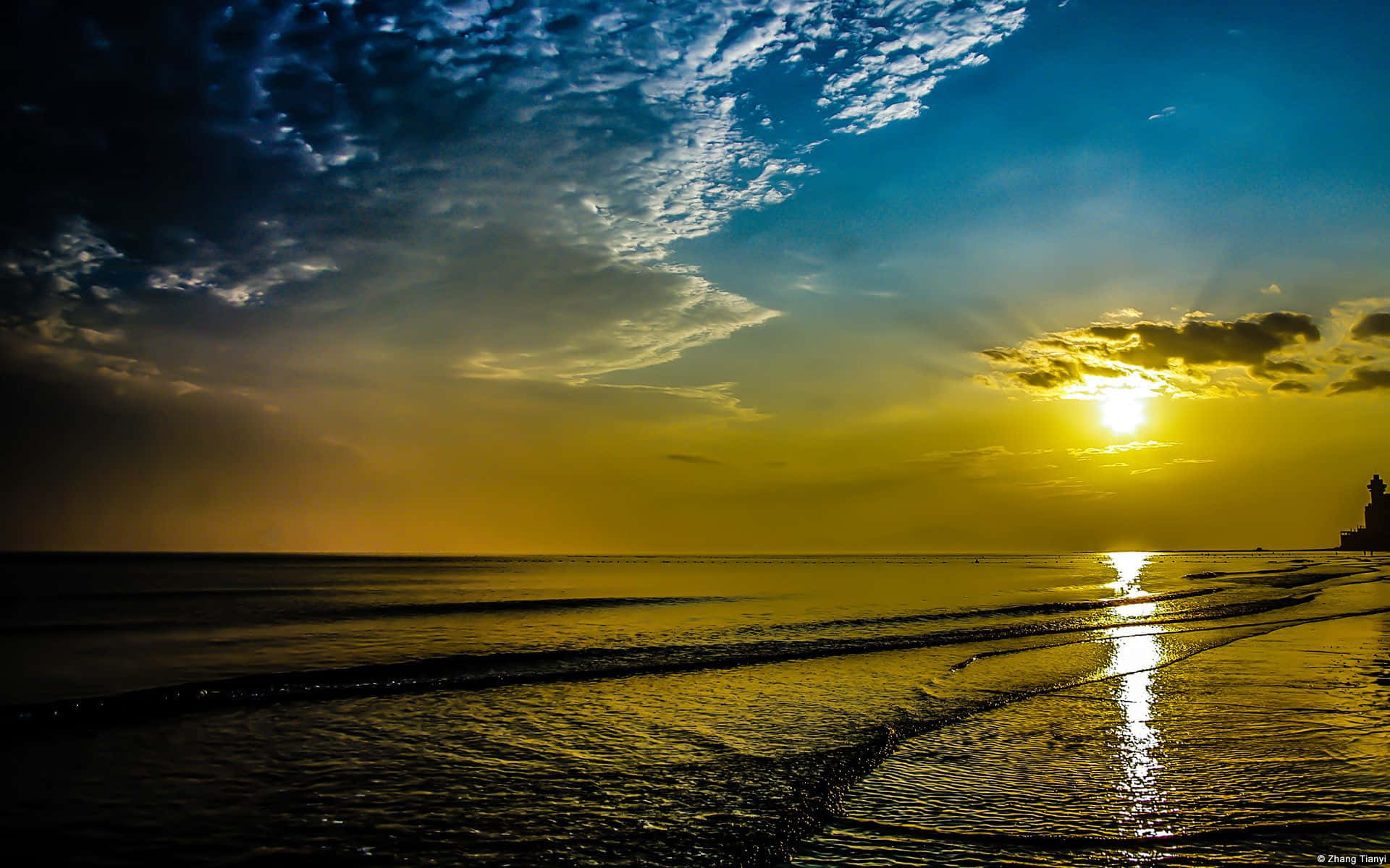 Sunrise Desktop, golden sunset, ocean waves, Full HD Desktop Wallpaper