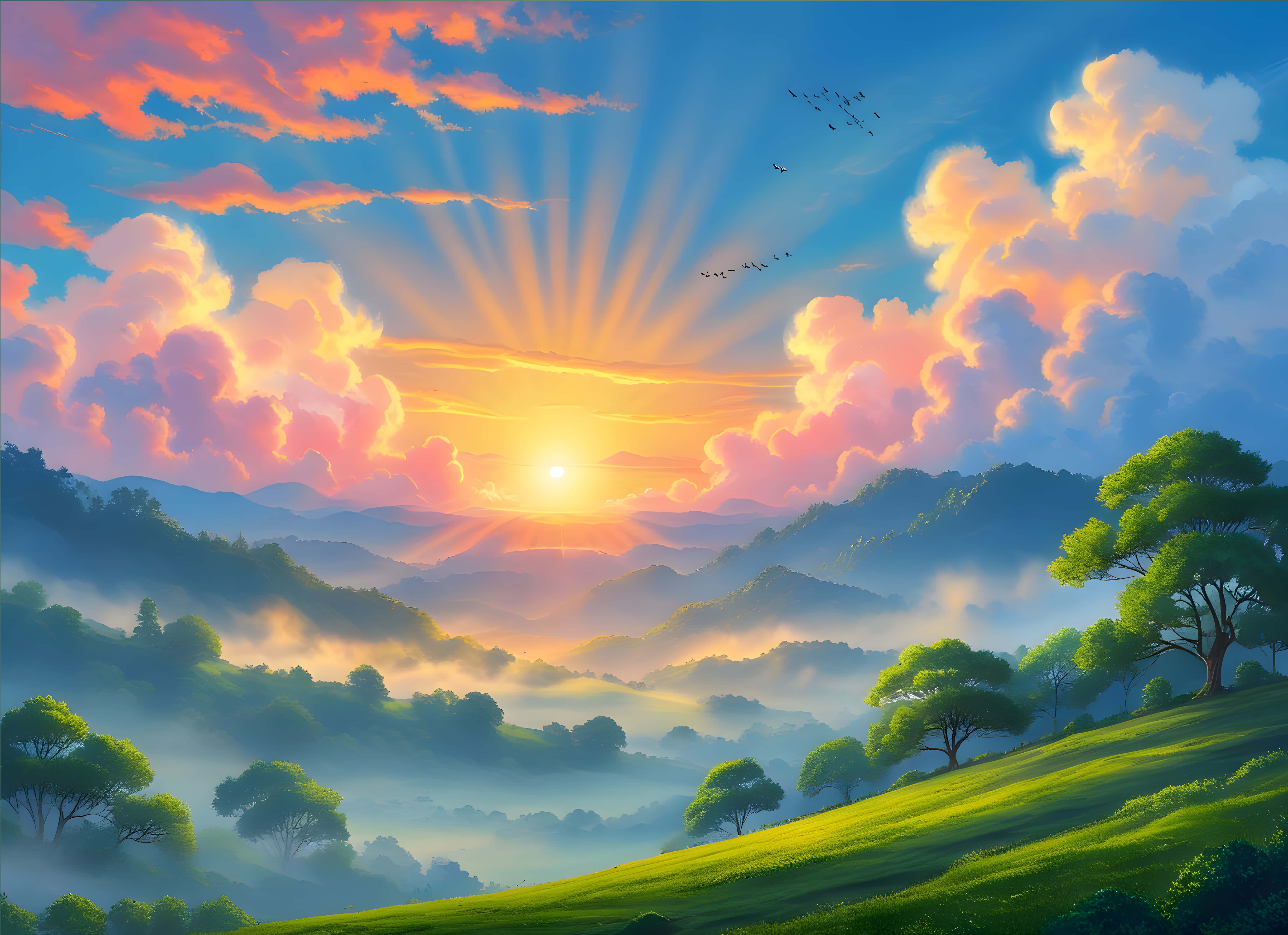 sunrise, golden beams, pink orange clouds, 5K Desktop Wallpaper