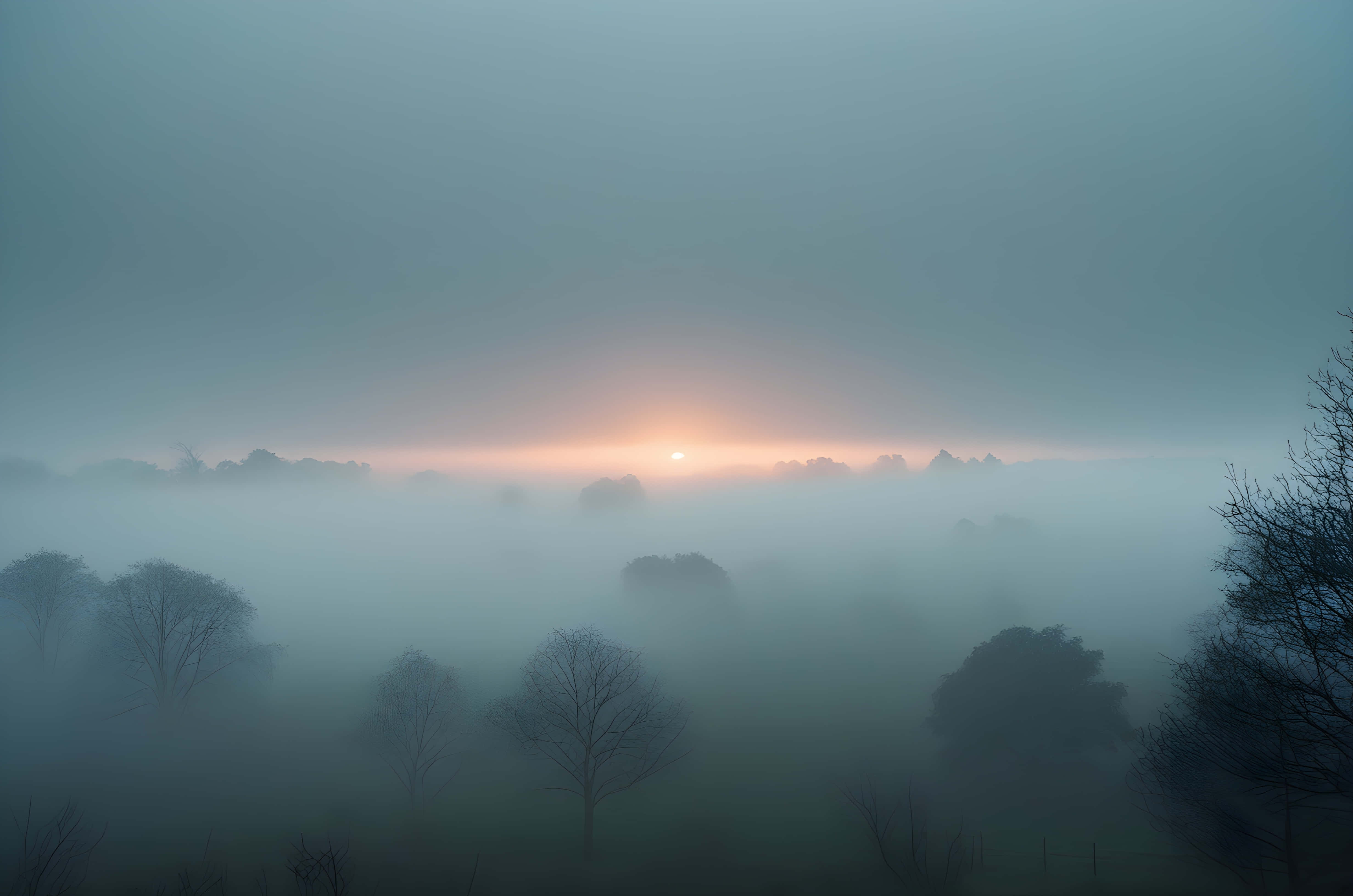 sunrise, foggy nature, dense mist, 4K Desktop Wallpaper