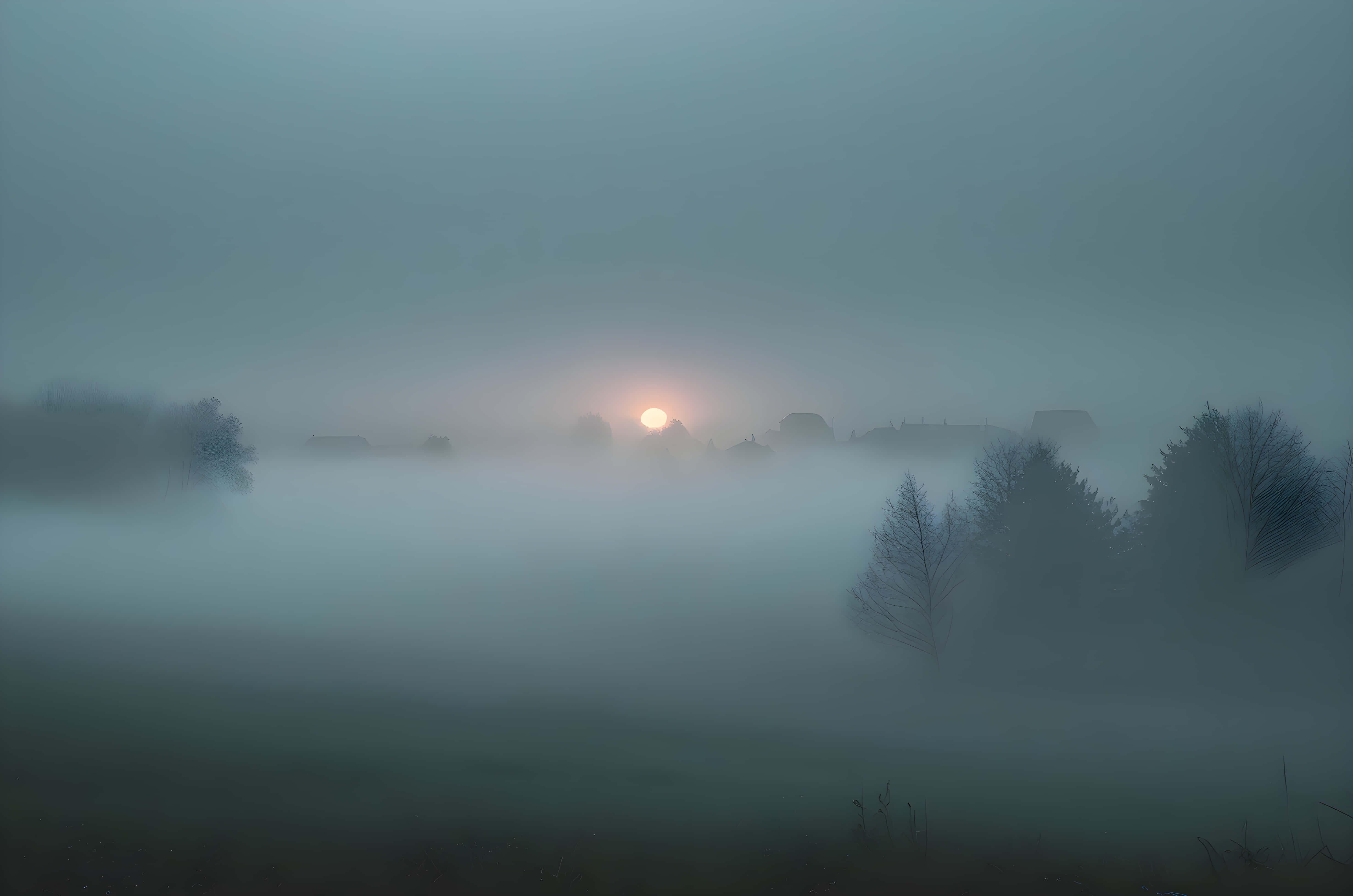 winter sunrise, pale sun, dense mist, 4K Desktop Wallpaper
