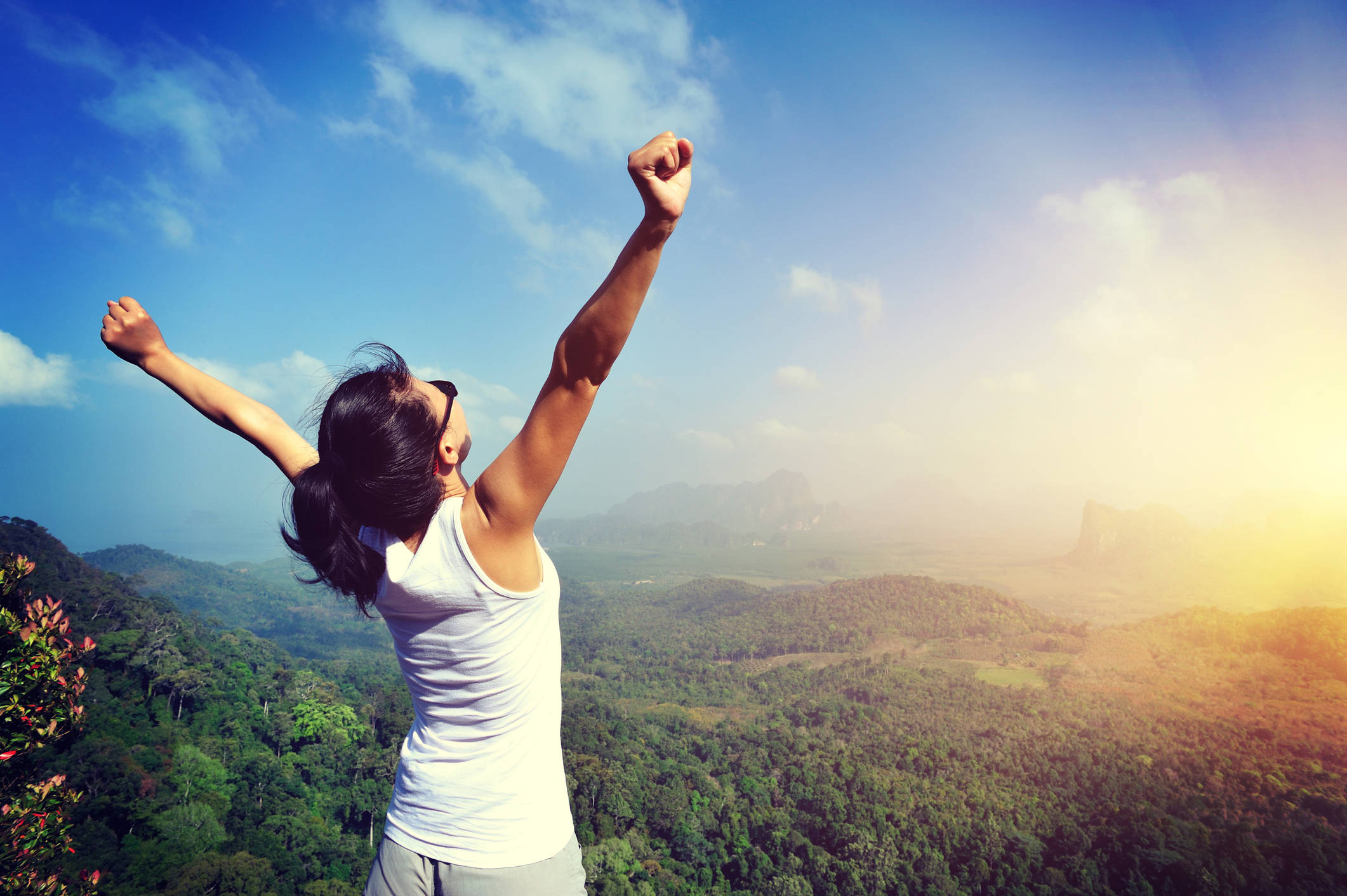 woman, mountain ridge, vast forest, Full HD Desktop Wallpaper