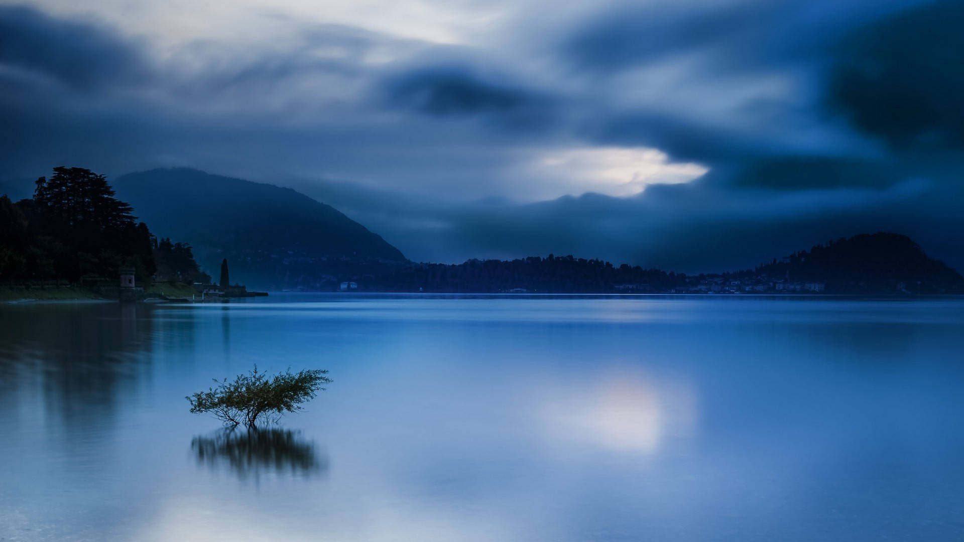 blue sunrise nature, lone tree, calm blue water, Full HD Desktop Wallpaper